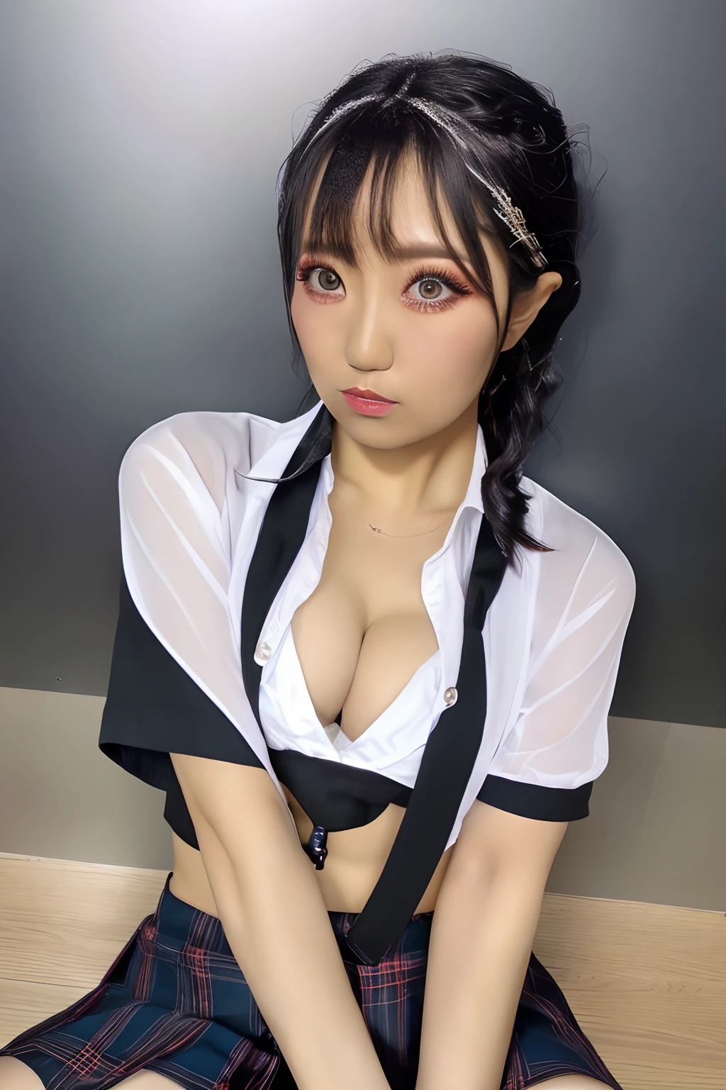 (tan_skin:1.1),sitting,(raw photo,8k,photorealistic:1.3),(masterpiece, best quality),8k, Fujifilm XT3, masterpiece, detail face, beautiful detailed eyes, ultra realistic details, sharp focus, extremely detailed, high res, best quality, full body, detail face, beautiful detailed eyes, ultra realistic details, sharp focus, detailed skin, (1girl, solo),(((pantyshot)))、(((Spread your legs apart)))、Inviting eyes、
(multicolored hair:0.8),side ponytail,hairclip,bangs,
school_uniform,huge_breasts,cleavage,tied_shirt,plaid_skirt, gal.safetensors, nsfw, ((False eyelashes、eyeshadows、eye liner、mascara))