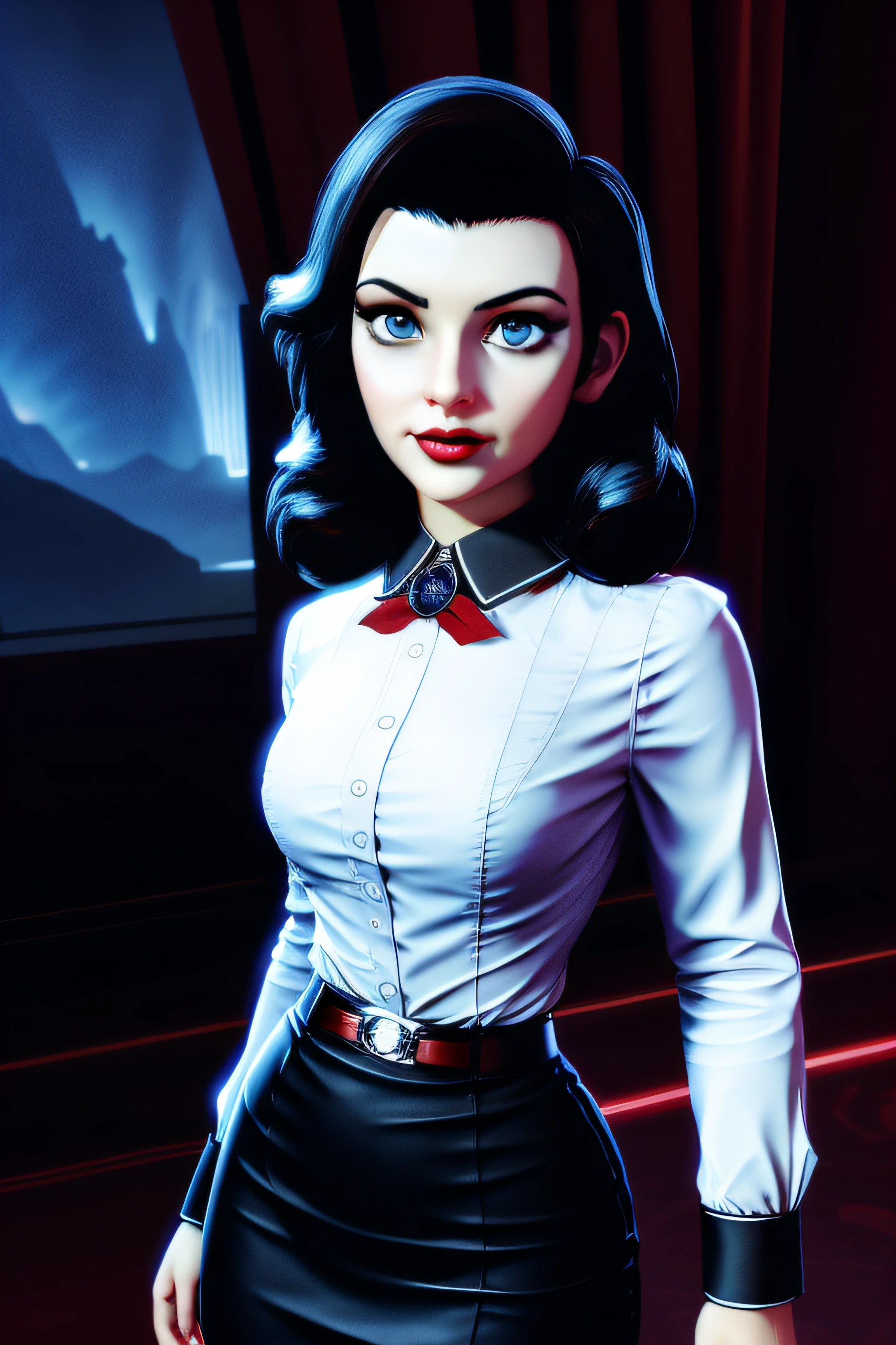 Elizabeth Comstock, red lipstick, femme fatale, at underwater city, (8k, RAW photo, best quality, masterpiece:1.2),ultra-detailed, (high detailed skin:1.2), 8k uhd, dslr, soft lighting, high quality,   <lora:Elizabeth_Comstock_adult_v1:0.8>
