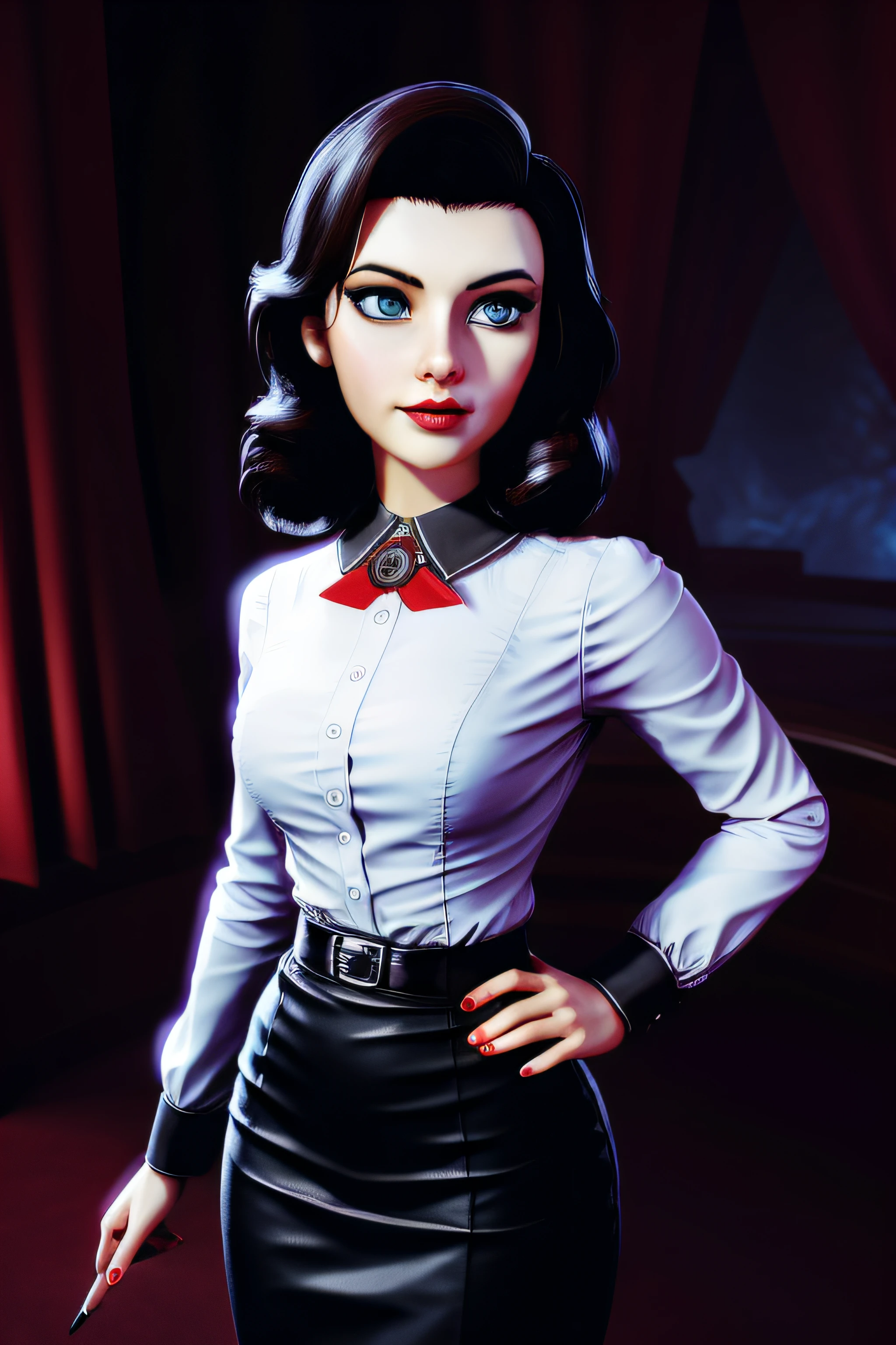 3dmm style,(masterpiece, top quality, best quality, official art, beautiful and aesthetic:1.2), (fractal art:1.3), 1girl, elizabeth comstock, red lipstick, shirt, pencil skirt, beautiful, high detailed, dark lighting, serious face, looking the sky, sky, medium shot,