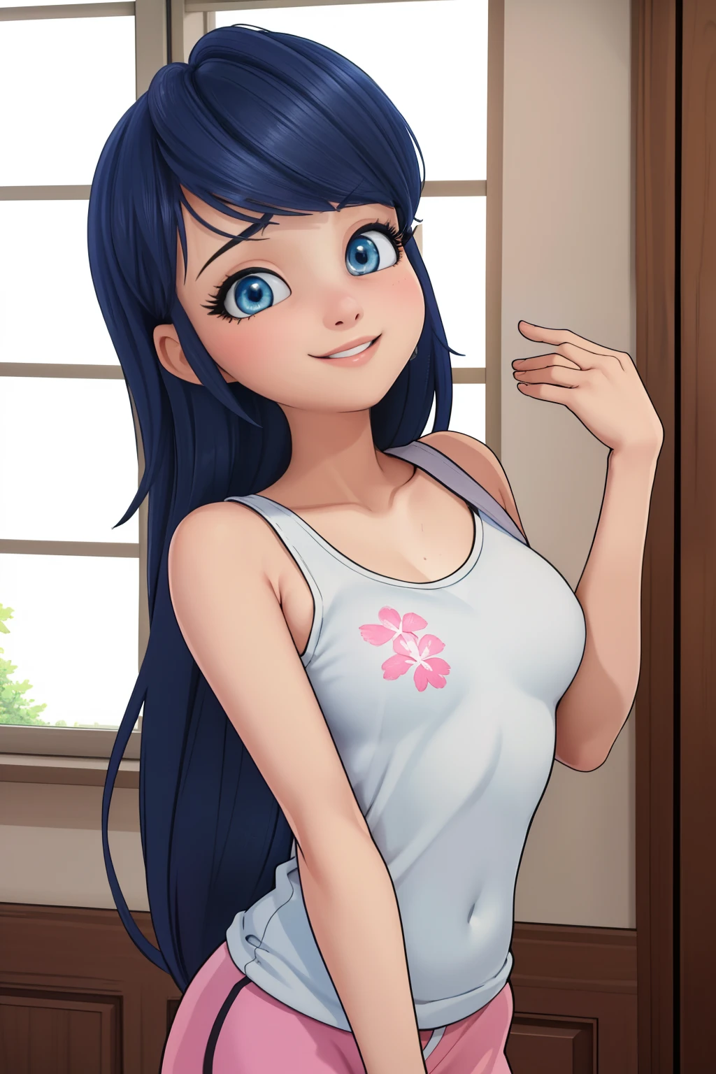 (8k, RAW photo, best quality, masterpiece:1.2), (intricate details), perfect eyes, perfect face, perfect lighting, beautiful, (masterpiece:1.2), (best quality:1.2), 1girl, solo, marinette, blue hair, long hair down, adult torso, ************, slight smile, medium sized breasts, white sleeveless shirt, pink sweatpants, long hair flowing down