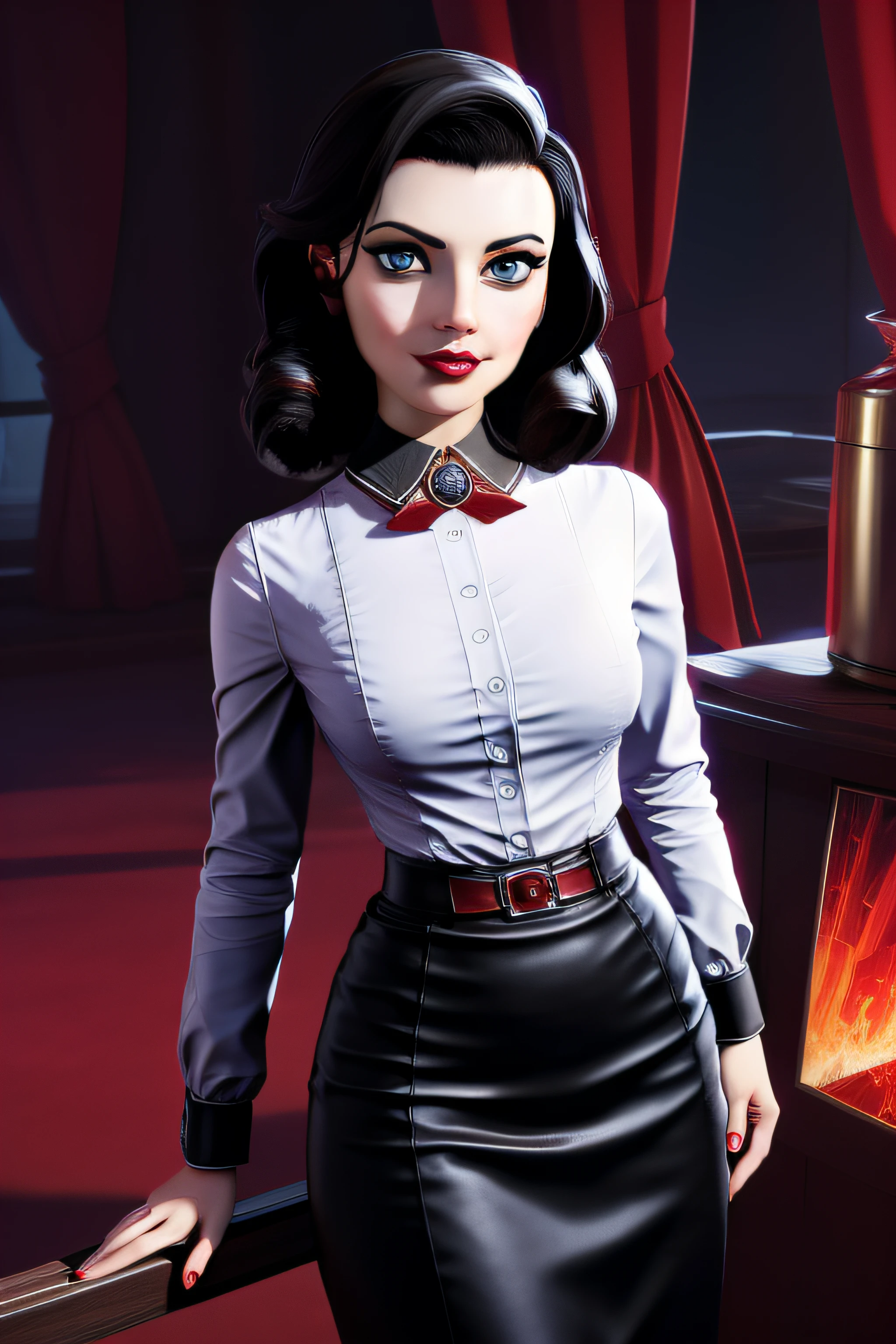 3dmm style,(masterpiece, top quality, best quality, official art, beautiful and aesthetic:1.2), (fractal art:1.3), 1girl, elizabeth comstock, red lipstick, shirt, pencil skirt, beautiful, high detailed, dark lighting, serious face, looking the sky, sky, medium shot,