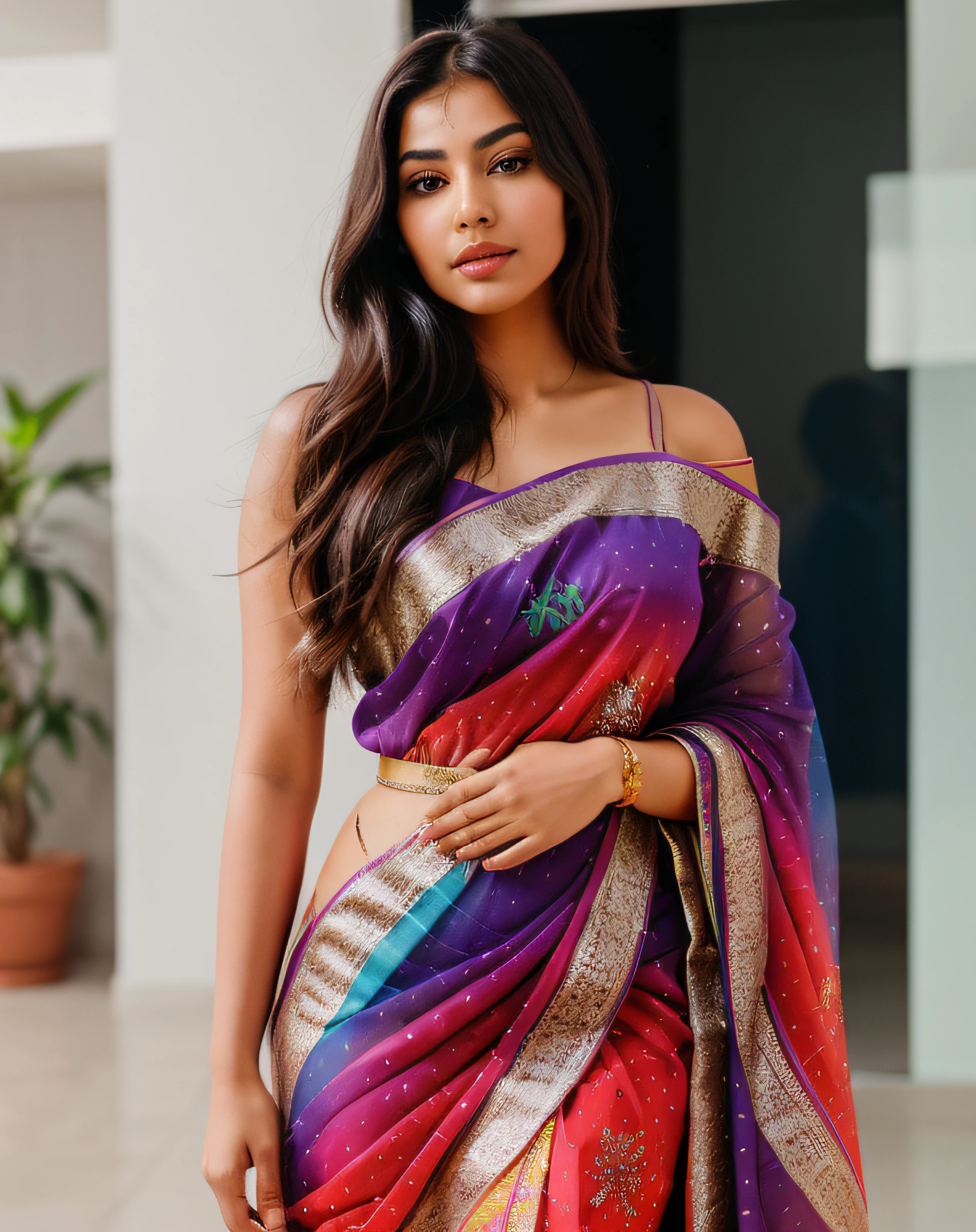 Shot on DSLR Prime Lens, background blur, Beautiful girl, Generate a high-resolution, realistic image of an Indian female, wearing gown with art colourful designs, modern abstract art around her
