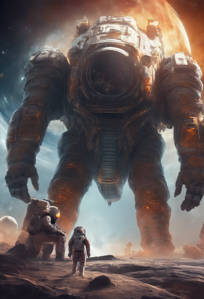 An astronauts back infront of a colossal beast in space