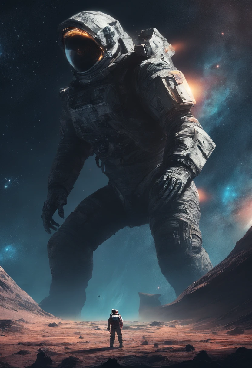 An astronauts back infront of a colossal beast in space