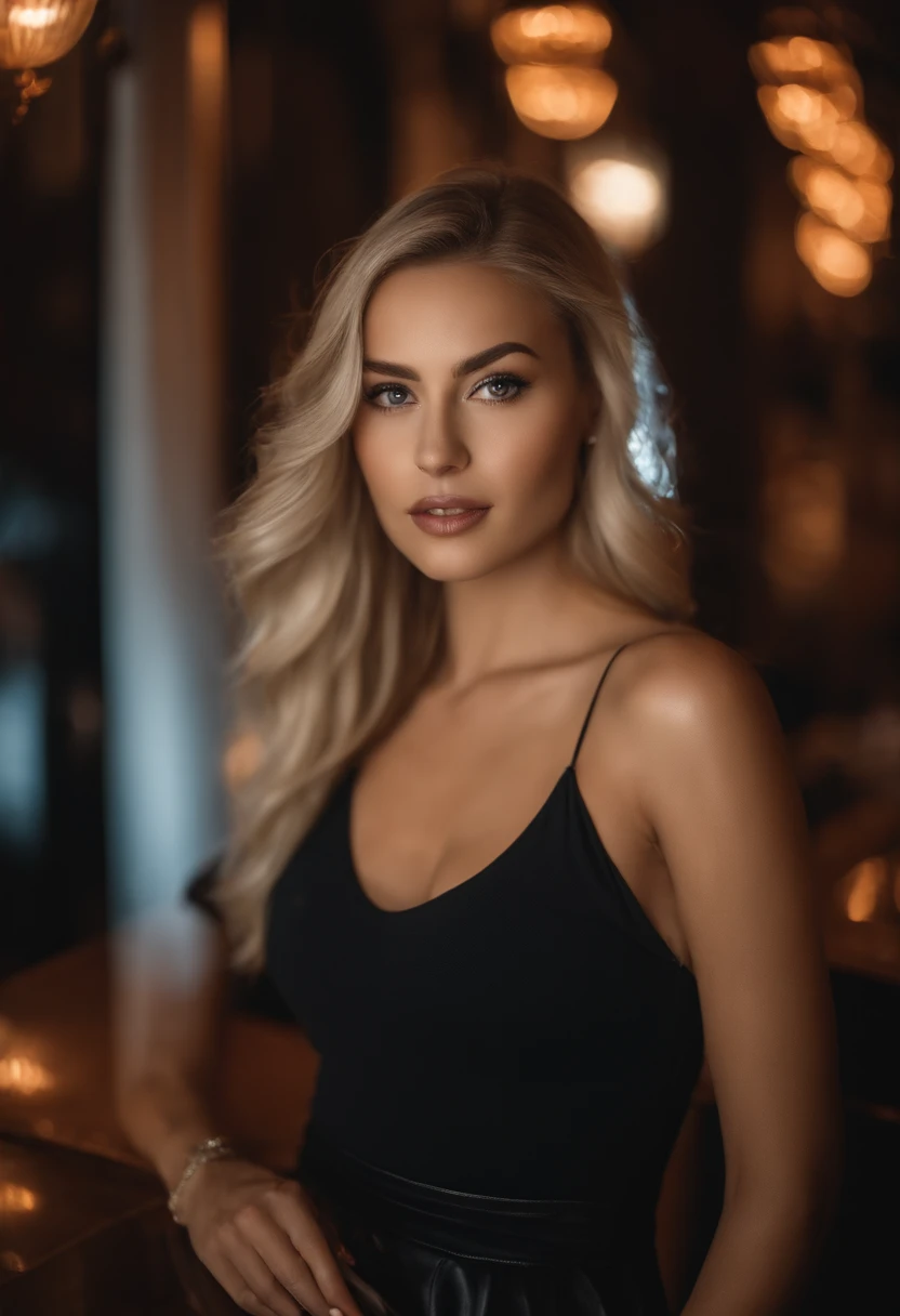 blonde woman with matching tank top and skirt posing at a night club, fille sexy aux yeux bleus, Portrait Sophie Mudd, blur background, best quality, 1girl, Portrait de Corinna Kopf, cheveux blonds et grands yeux, selfie of a young woman, ohne Maquillage, maquillage naturel, Look directly into the camera, Visage avec Artgram, dezentes Maquillage, Superbe photo du corps entier, dans la chambre, Gros seins, Blonde, latina