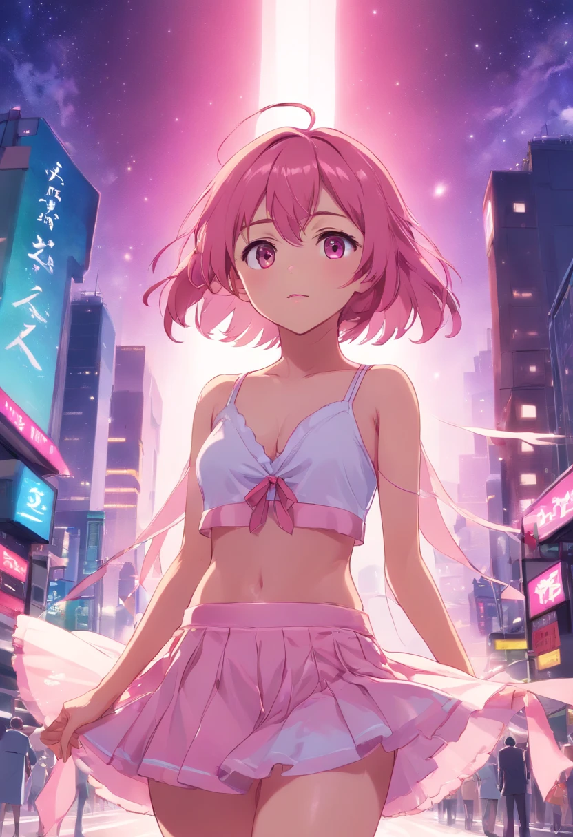 ((Noite、beautiful illustration、qualidade superior、Menina fofa s))、quarto、Um cabelo rosa、longos cabelos grisalhos、(((Assistente Rosa)))、(((Camisola rosa)))、mangas curtas、tamanho normal、um umbigo、((Turn the skirt with your hands、mostrando calcinha branca、Puxe a saia para cima，The Revelation Panties))、Perna nua、e Olhos Azuis、nas camas、Coxas encantadoras、coxa brilhante