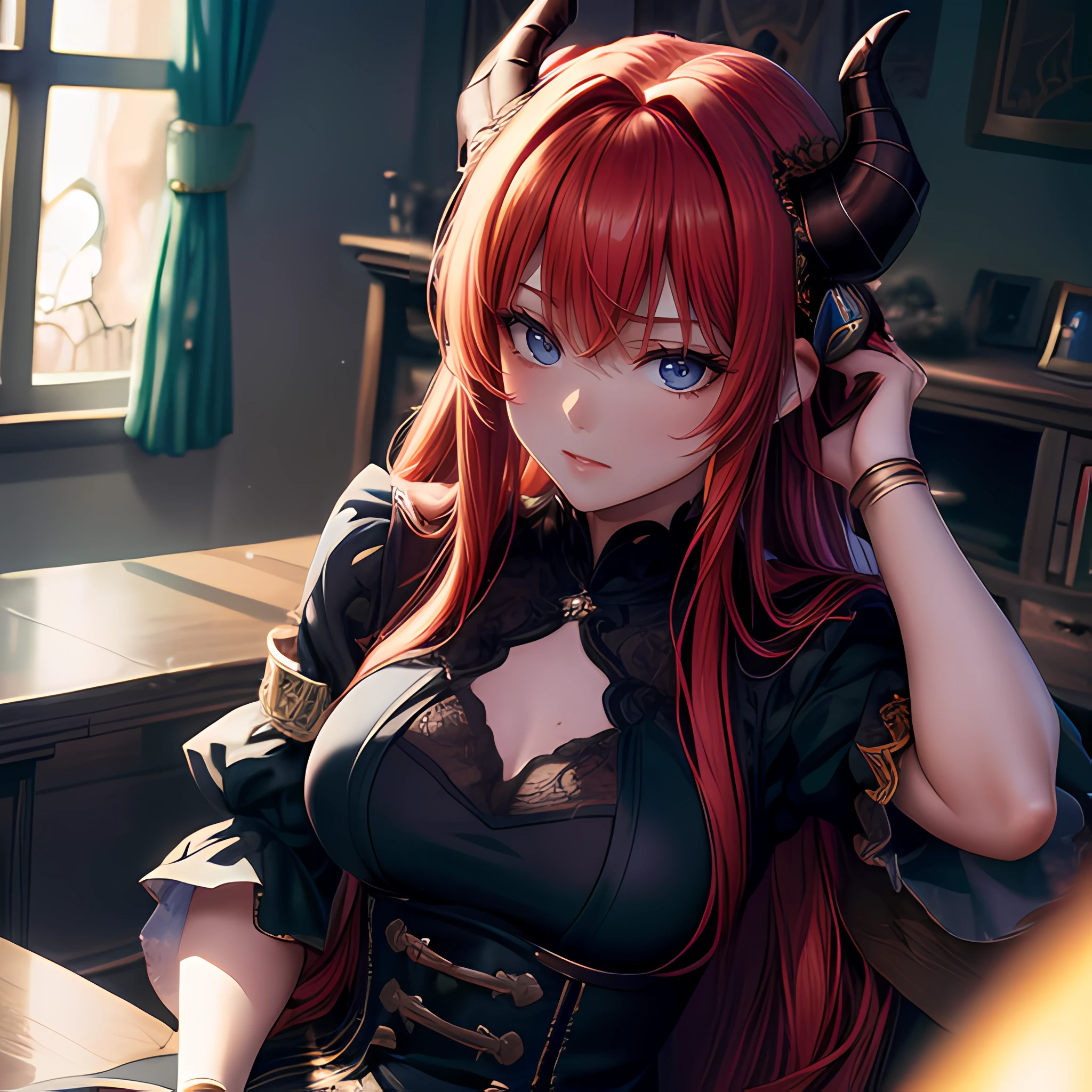 Girl with copper-amber hair, dark green eyes , simple sexy dark clothes, sly facial expression, , on the head there are black small demonic horns, average build , belt art , high detail studio light