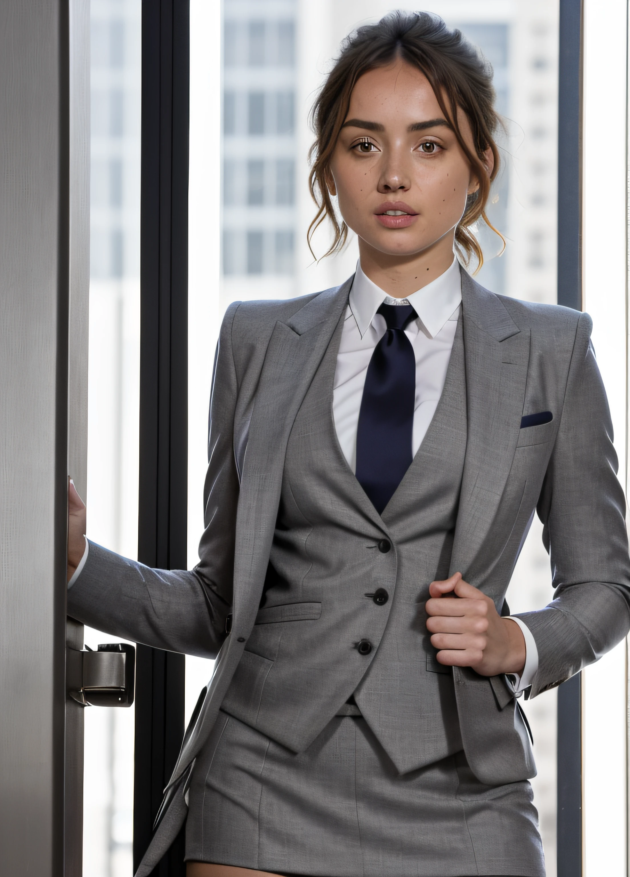 A stunning intricate color portrait of (sks woman:1) , ana de armas, grey skirt suit, (((three-piece suit))), dress shirt, (((necktie))), blazer, suit jacket, (((waistcoat))), double-breasted waistcoat, (((bodycon miniskirt))), pencil skirt,, epic character composition, sharp focus, natural lighting, subsurface scattering, f2, 35mm, film grain, , by Ansel Adams,