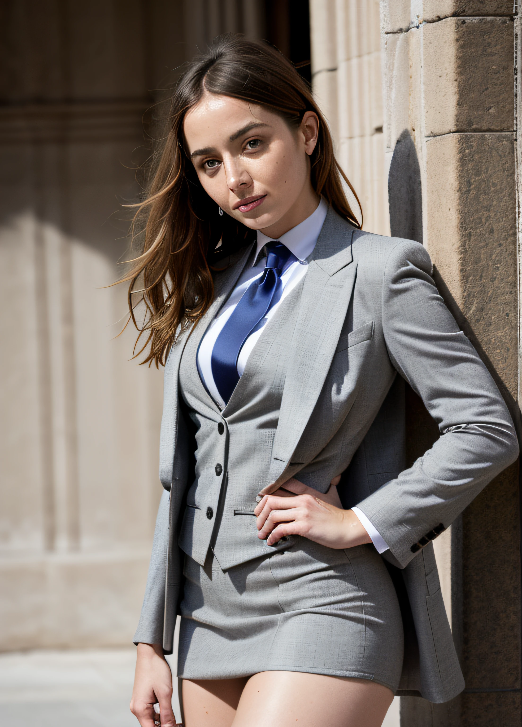 A stunning intricate color portrait of (sks woman:1) , ana de armas, grey skirt suit, (((three-piece suit))), dress shirt, (((necktie))), blazer, suit jacket, (((waistcoat))), double-breasted waistcoat, (((bodycon miniskirt))), pencil skirt,, epic character composition, sharp focus, natural lighting, subsurface scattering, f2, 35mm, film grain, , by Ansel Adams,