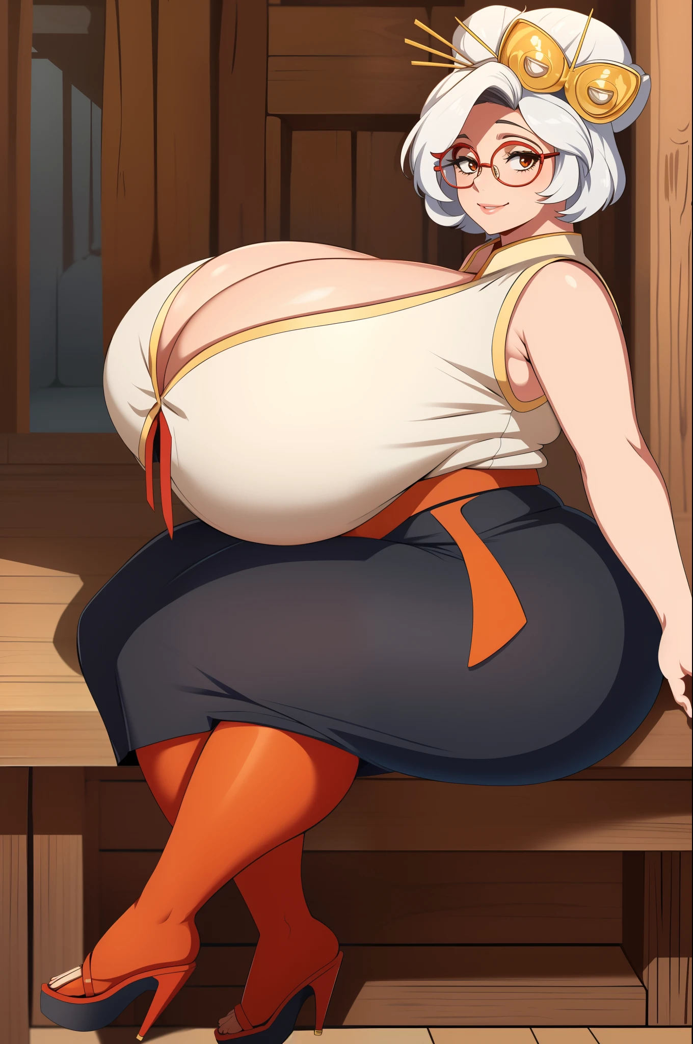 masterpiece, best quality, purah, red glasses, hair ornament, sleeveless shirt, black skirt, orange leggings, high heels, sitting, from side, looking at viewer, smile, wide hips, thick thighs, huge ass, enormous huge natural breasts, cleavage, mature mom,