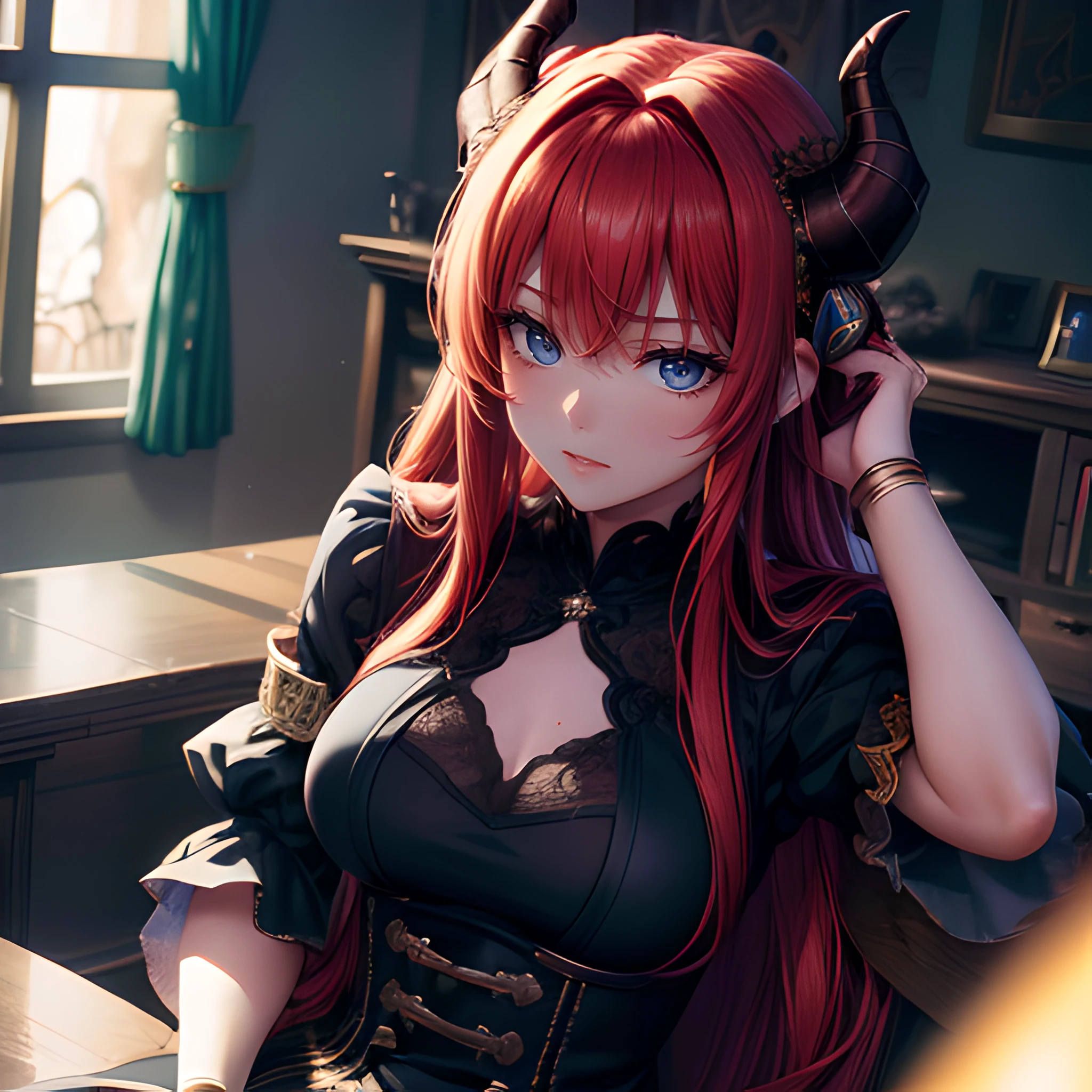 (best quality,4k,8k,highres,masterpiece:1.2),ultra-detailed, (HDR,UHD,studio lighting, physically-based rendering, focus, extreme detail description,professional,vivid colors), bokeh,girl sitting, dress, demonic horns red hair, red eyes, ((anime style:1.5)), beautiful face, cinematic light, looking at camera, looking straight.