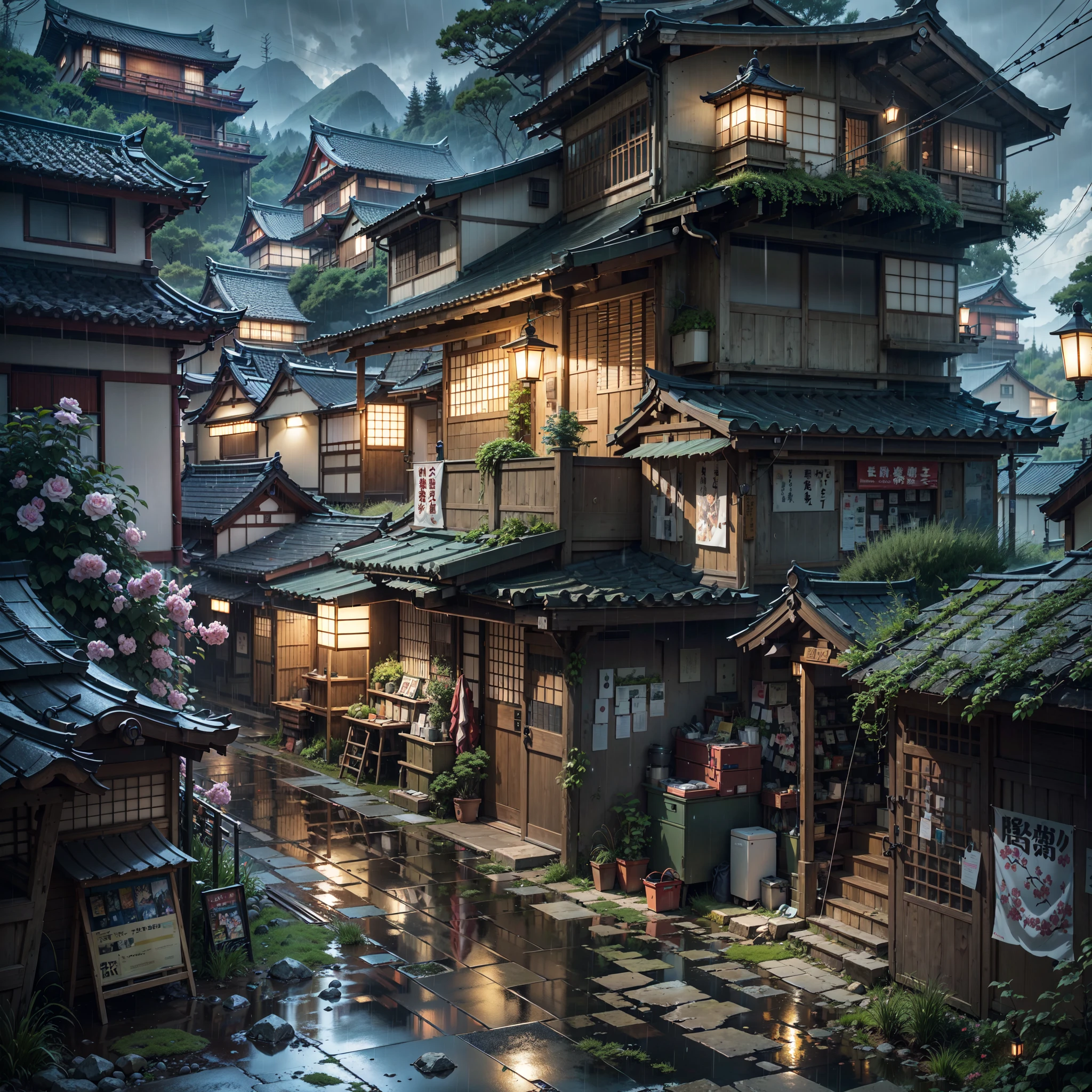 anime, anime style, anime vibe, japan, anime wallpaper, anime background, japanese village, anime background art, japanese town, scenery artwork, anime countryside landscape, beautiful anime scenery, anime scenery, japanese street, anime scenery concept art, beautiful anime scene, detailed scenery, , scenery art detailed, no one in sight, (no one: 1), japanese shop banners, rocks scattered, air vents, gutters, telephone wires, wires, cables, air ventilation systems, lanterns, rain, raining, heavy rain, dramatic weather, puddles on the floor, rain falling from the sky, rain drops, best quality, masterpiece, overgrown grass, mountains, narrow path, compact, wet