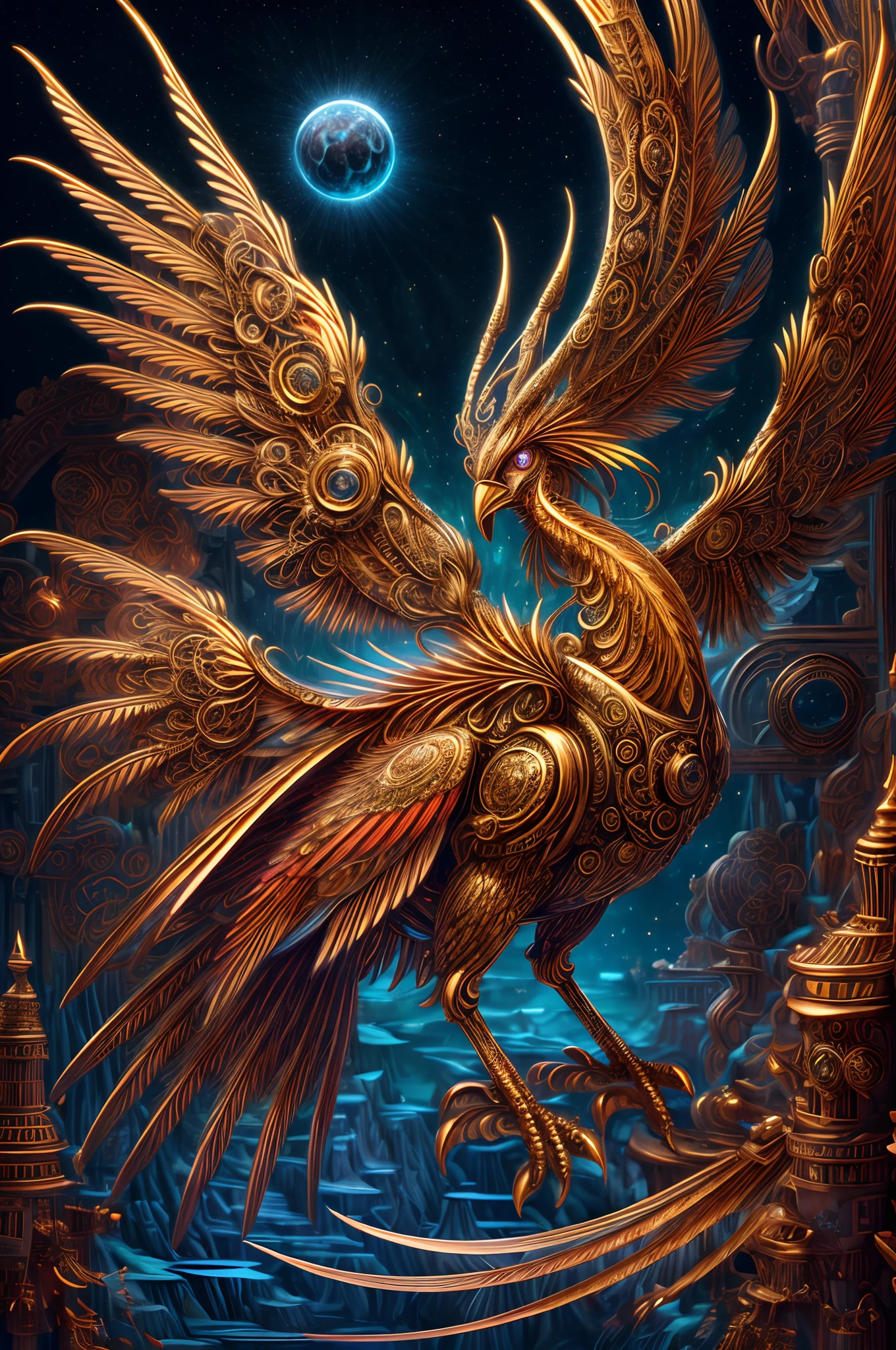(Best quality,4K,8K,A high resolution,Masterpiece:1.2),Ultra-detailed,(Realistic,Photorealistic,photo-realistic:1.37),illustration,traditional art,Chinese mythology,mythological creatures,Mechanical Phoenix,Fire-red feathers,Vibrant colors,Exquisite details,Dynamic composition,Majestic scene,fiery glow,Glowing eyes,mechanicalparts,Exquisitely carved feathers,ornate motifs,Burning flame,Magical power,Mythological symbolism,Artistic interpretation,Chinese elements,Divine bird,Flaming wings,universe background,Supernatural nature,Spectacular display,Legendary beauty,Awe-inspiring,Myths and legends,Divine creation,Enchanting atmosphere,expressive brush strokes,otherworldly presence,stoic pose,carefully designed,Legendary creatures,Embodies strength and elegance,Celestial organisms,Ancient folklore,mythological stories,Strong artistic vision,symbolic meaning,delicate craftsmanship,Transcendent beauty