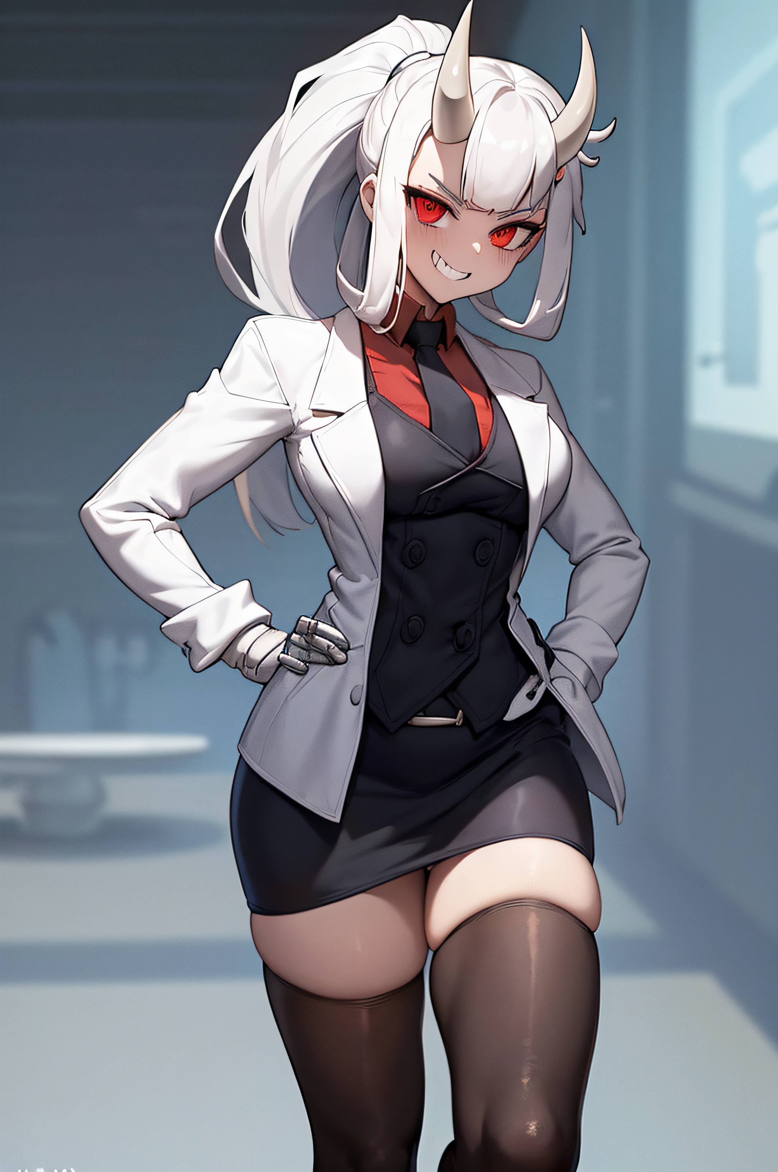 (masterpiece, best quality:1.2), solo, 1girl, htloremaster, evil grin, looking at viewer, hands in pockets, ponytail, horns, goggles, red shirt, black necktie, black skirt, skirt suit, (((three-piece suit))), dress shirt, (((necktie))), blazer, suit jacket, (((waistcoat))), double-breasted waistcoat, (((bodycon miniskirt))), pencil skirt,