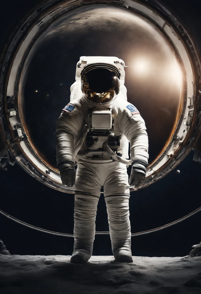 An astronauts back standing infront of something colossal in space