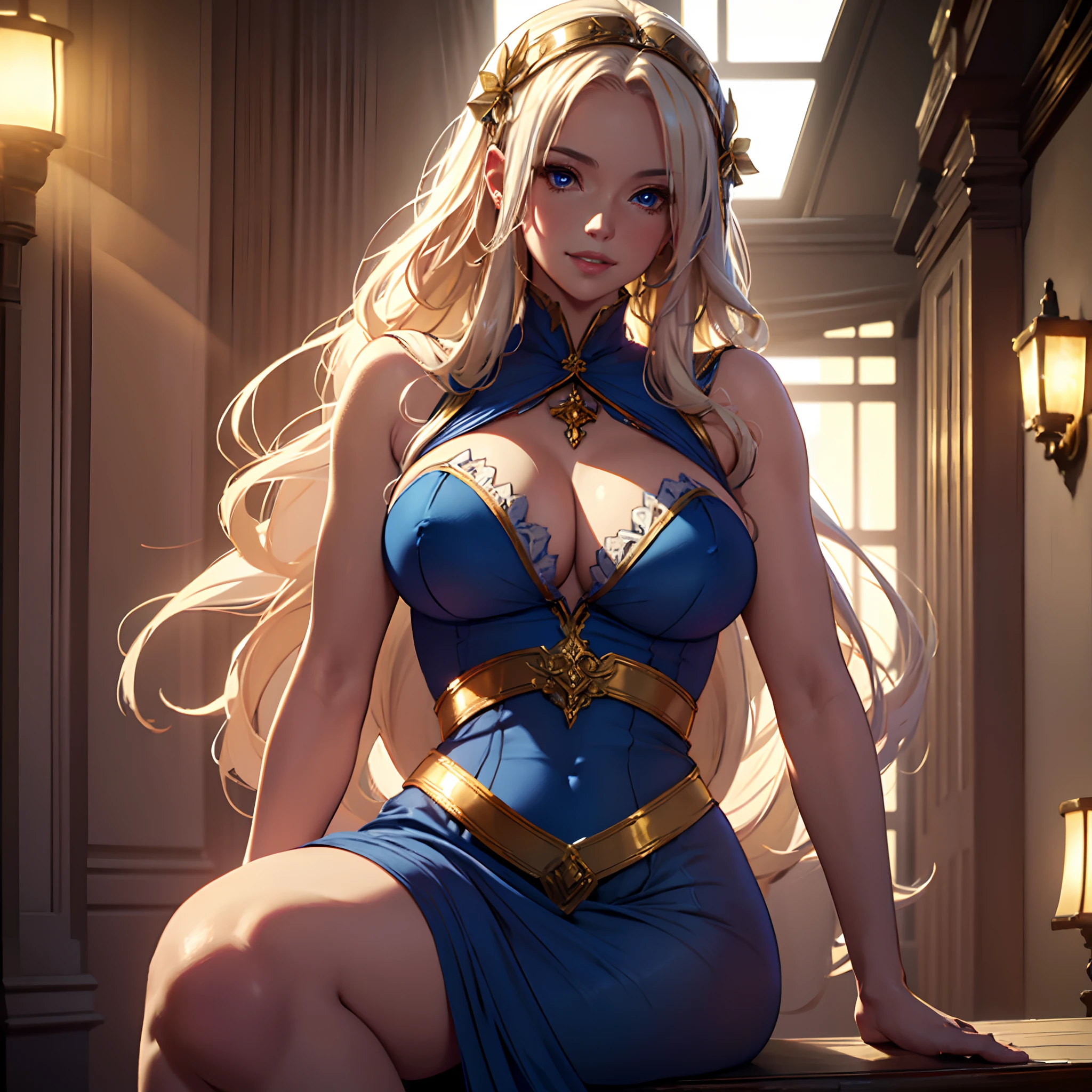 (best quality, highres, masterpiece:1.2), realistic, Hestia from DanMachi, beautiful detailed eyes, beautiful detailed lips, long flowing hair, goddess-like appearance, captivating smile, elegant and alluring pose, intricate golden accessory on her hair, shimmering blue dress, ethereal lighting, vibrant colors, soft and warm color tones