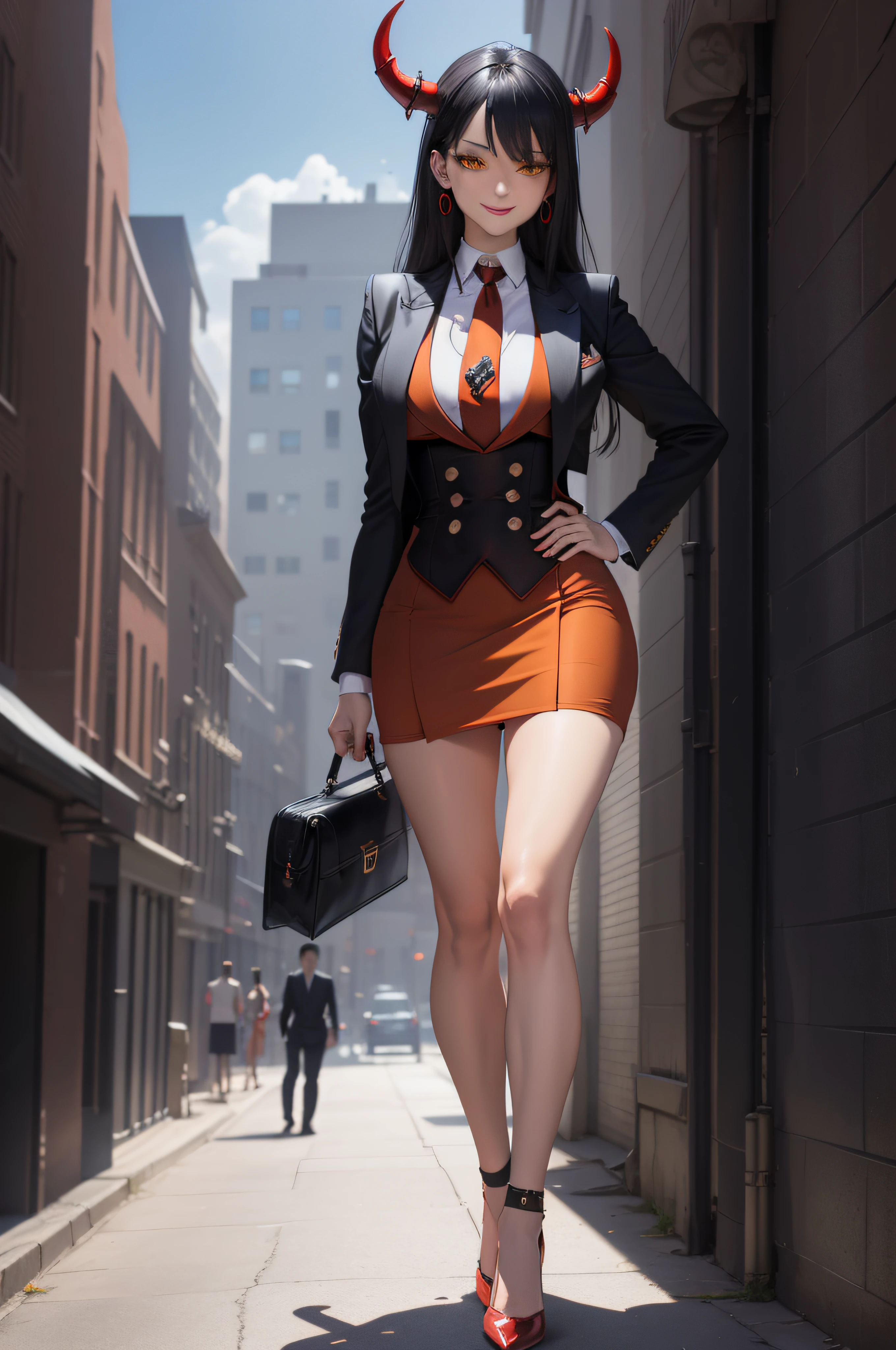 masterpiece, best quality, demon, red skin, black hair, horns, tail, skirt suit, (((three-piece suit))), dress shirt, (((necktie))), blazer, suit jacket, (((waistcoat))), double-breasted waistcoat, (((bodycon miniskirt))), pencil skirt, high heels, standing, apartment building exterior, contrapposto, hand to hip, yellow eyes, smile, looking at viewer