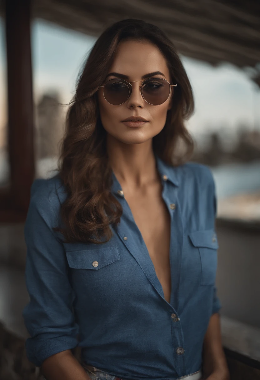 uma mulher cabelos loiros escuros, Perfect Face Wearing Glasses, traje short azul e camiseta branca, foto retrato ultra realista, alta qualidade, com um rio ao fundo, cena de filme