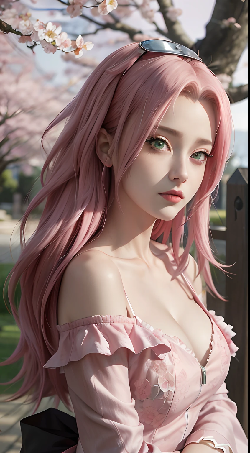 tmasterpiece， Best quality at best， 1girll， Sakura Haruno， Large breasts，Off-the-shoulder attire，（cleavage)，（upperbody closeup)，Raised sexy，is shy，ssmile，with pink hair， long whitr hair， （Green eyeballs:1.4)， Forehead protection， the cherry trees，Cherry blossoms flying，Red clothes，Zipper half ,realisticphoto ,animerealitic, realistic