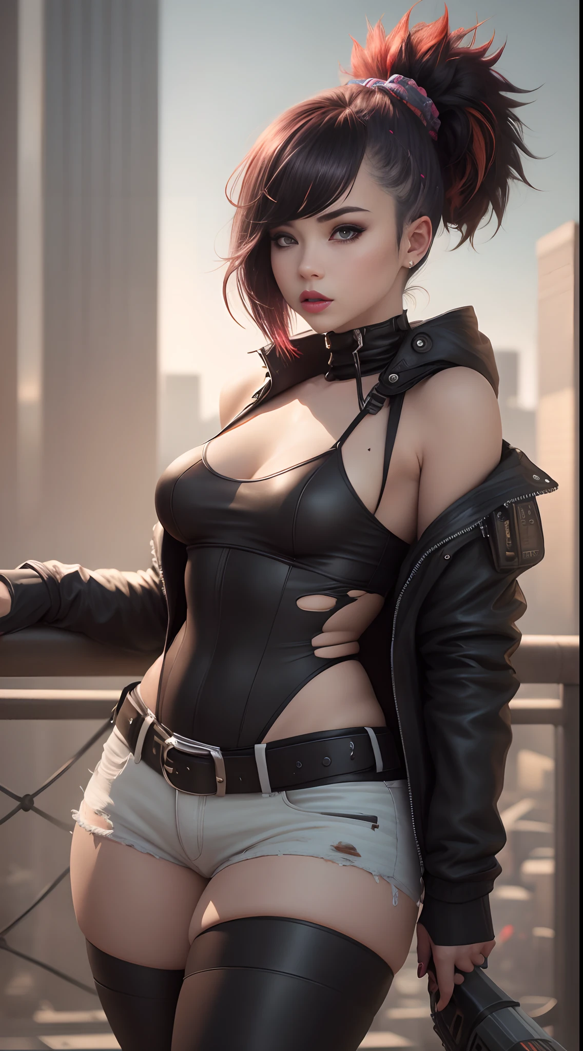 masterpiece, (photorealistic:1.4), best quality, beautiful lighting, (ulzzang-6500:0.5), lucy \(cyberpunk\), 1girl, against railing, arm rest, bangs, bare shoulders, extra wide belt, 5 black belts, black leotard, torn pants, blurry, bob cut, breasts, building, cityscape, clothing cutout, cropped jacket, cyberpunk, depth of field, from side, gradient eyes, grey eyes, grey hair, jacket, leotard, lips, long sleeves, looking afar, looking ahead, mechanical parts, medium breasts, multicolored eyes, multicolored hair, night, night sky, leather jacket, outdoors, pants, parted lips, railing, red eyeliner, science fiction, short hair with long locks, short shorts, shorts, sidelocks, sky, solo, standing, teeth, thigh cutout, upper teeth only, white jacket, white shorts, cyberpunk \(series\), cyberpunk edgerunners, RAW photo, 8k uhd, film grain