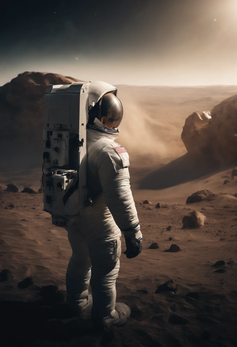 An astronauts back infront of a colossal beast in space