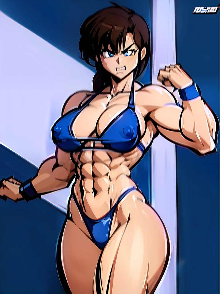 sexy girl with powerful muscles posing, blue thong, angry, fierce, dominant, ripped abs, bullying, strong, aggressive, long legged, cruel, hard, karate