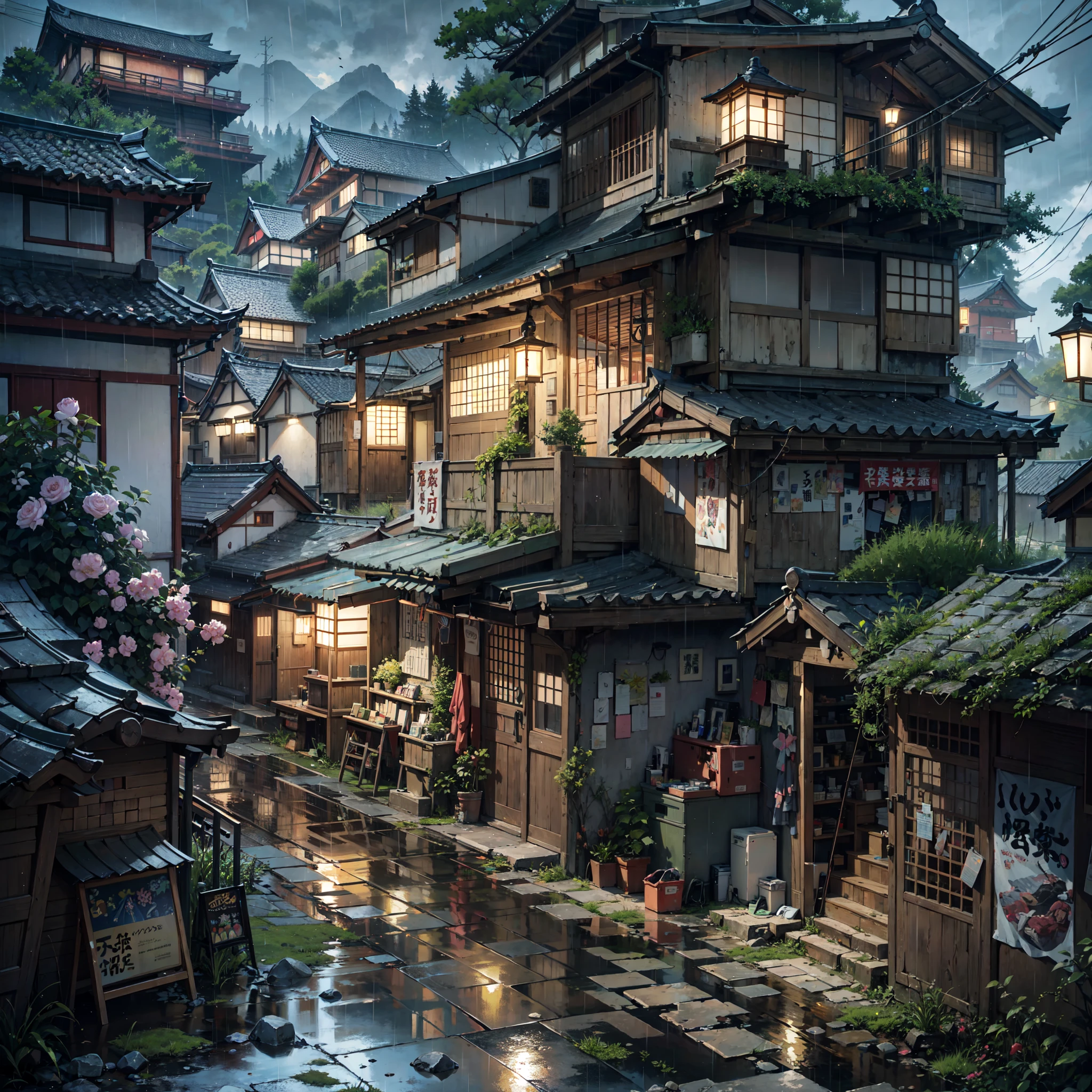 anime, anime style, anime vibe, japan, anime wallpaper, anime background, japanese village, anime background art, japanese town, scenery artwork, anime countryside landscape, beautiful anime scenery, anime scenery, japanese street, anime scenery concept art, beautiful anime scene, detailed scenery, , scenery art detailed, no one in sight, (no one: 1), japanese shop banners, rocks scattered, air vents, gutters, telephone wires, wires, cables, air ventilation systems, lanterns, rain, raining, heavy rain, dramatic weather, puddles on the floor, rain falling from the sky, rain drops, best quality, masterpiece, overgrown grass, mountains, narrow path, compact, wet