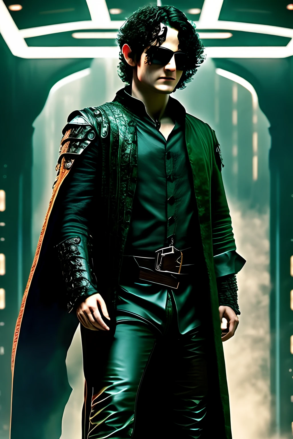 Frodo Baggins In the Matrix, with matrix clothes, leather, futuristic, sunglasses. Cyberpunk background