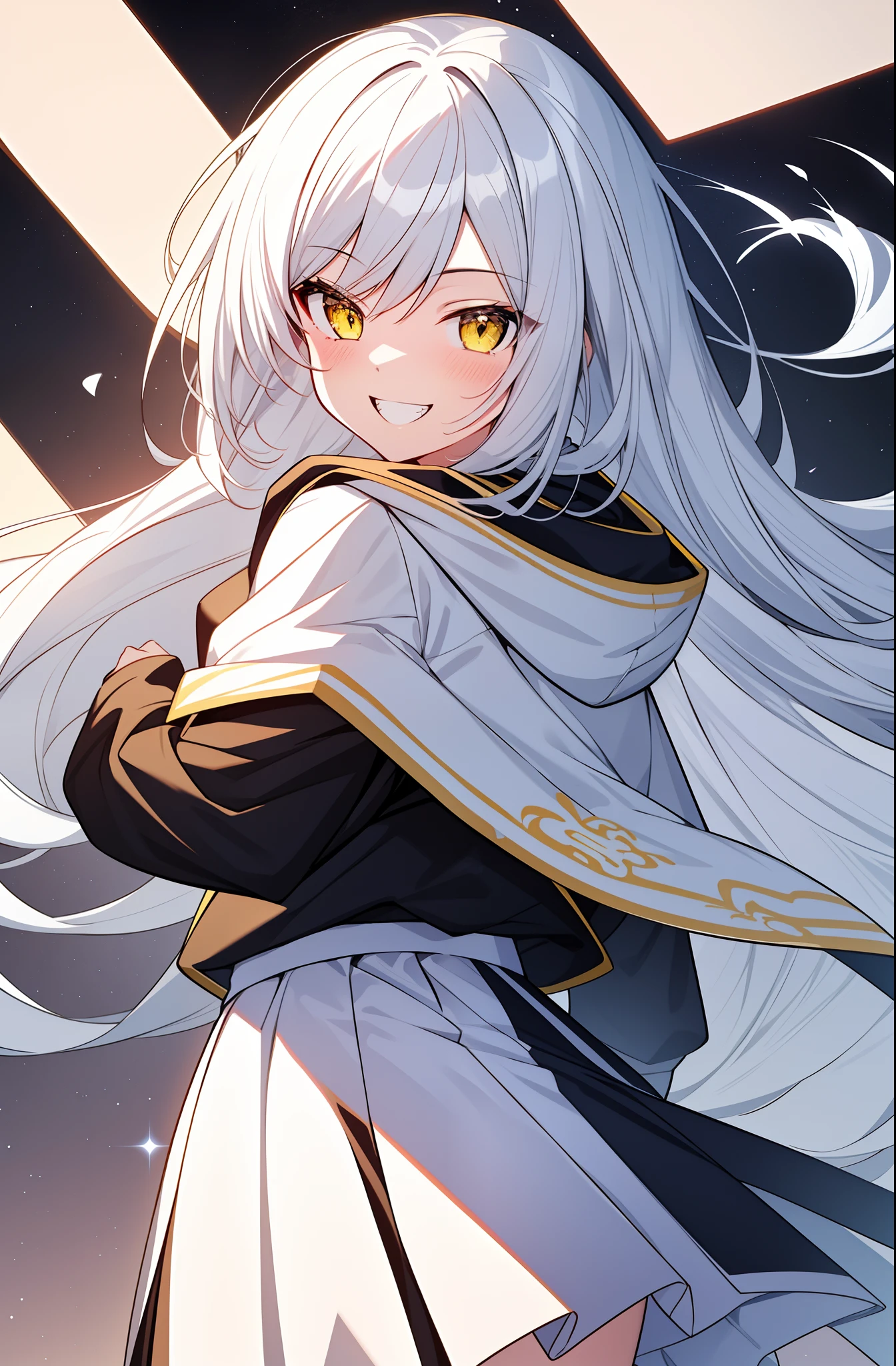 Top Quality, , High Resolution, 8k, Hoodie and Anime Style Girl, One Girl, Detailed Line Art , , Anime Core, long white hair, yellow eyes, skirt white , big smile