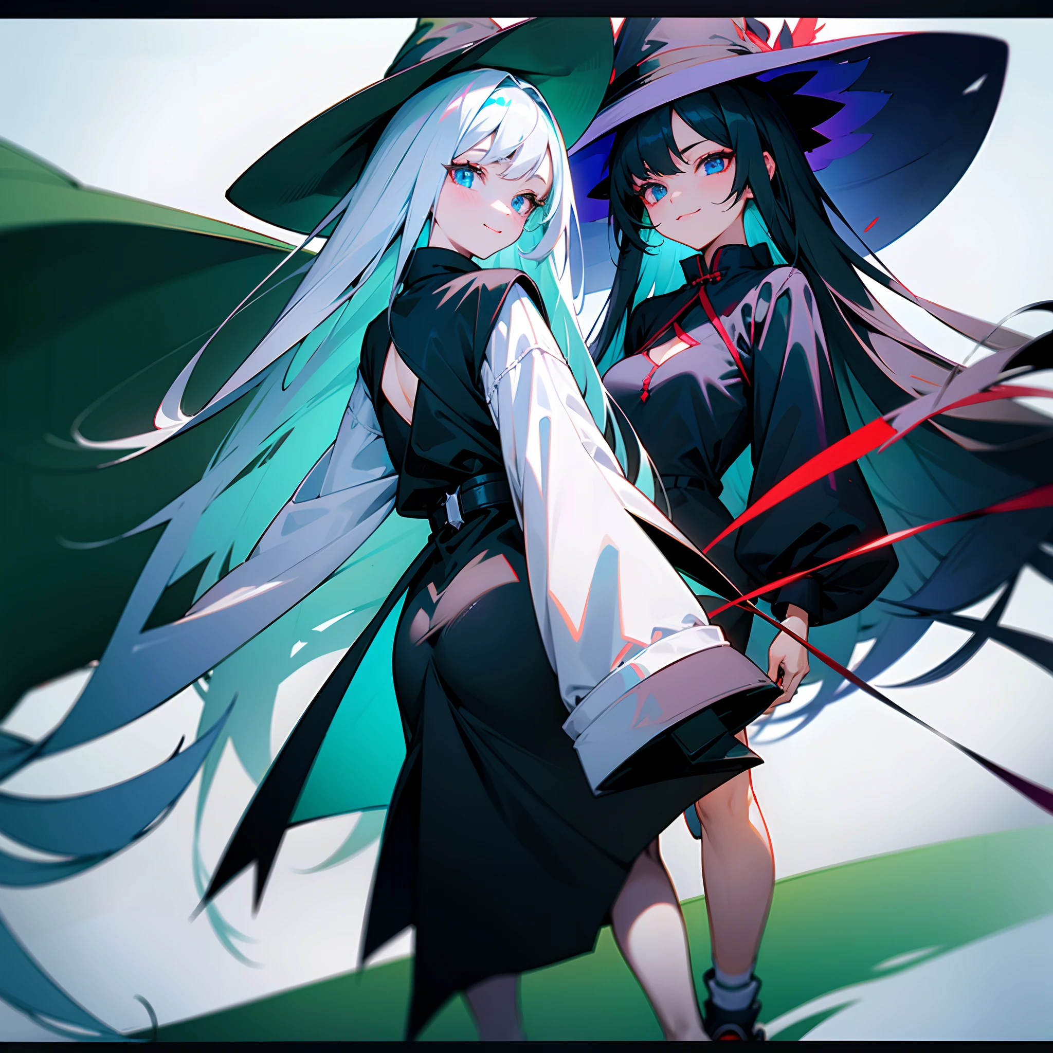 Two witch girls roaming the streets、One has long white hair with an emerald green mesh, blue eyes with highlights, and wears a large black witch hat with sapphire accessories.、The other has long black hair with red mesh and red eyes with highlights and wears a black witch hat.、They are wearing white T-shirts, black coats, black skirts, and black sneakers with white shoelaces.、B cup breasts、discreet breasts、Small、Looking at me with a smile、Modest but beautiful、Beautiful illustration