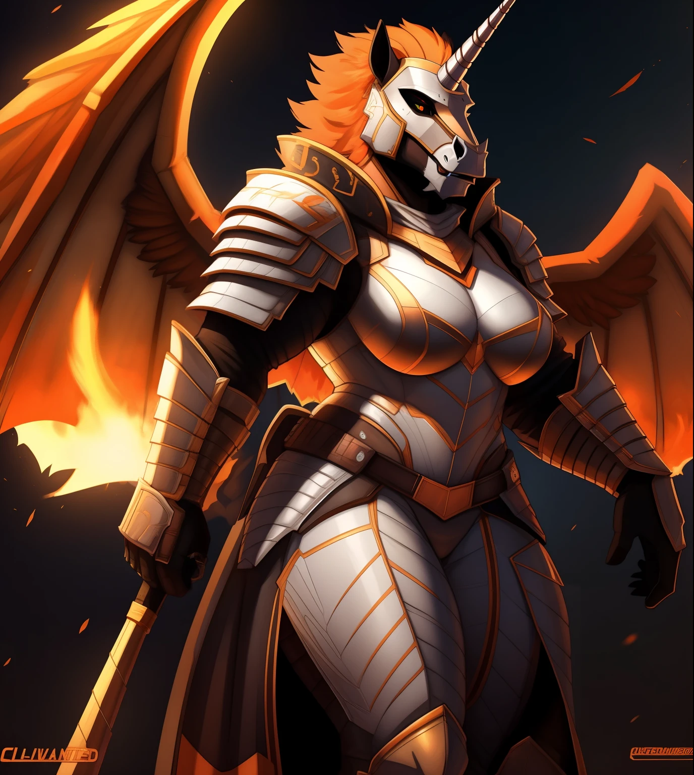 muscular_mature_horse female flaming_orange_mane white_furry_body orange_iris black_sclera slit_pupils solo Masterpiece best_quality absurdres highly_detailed heavy_plate_armor helmet cleanly_drawn_eyes fangs flaming_wings dark_orange_eyeshadow long_white_unicorn_horn horse_snout anthro_only smirk by_claweddrip, by_greasymojo, by_underscore-b, by_runawaystride