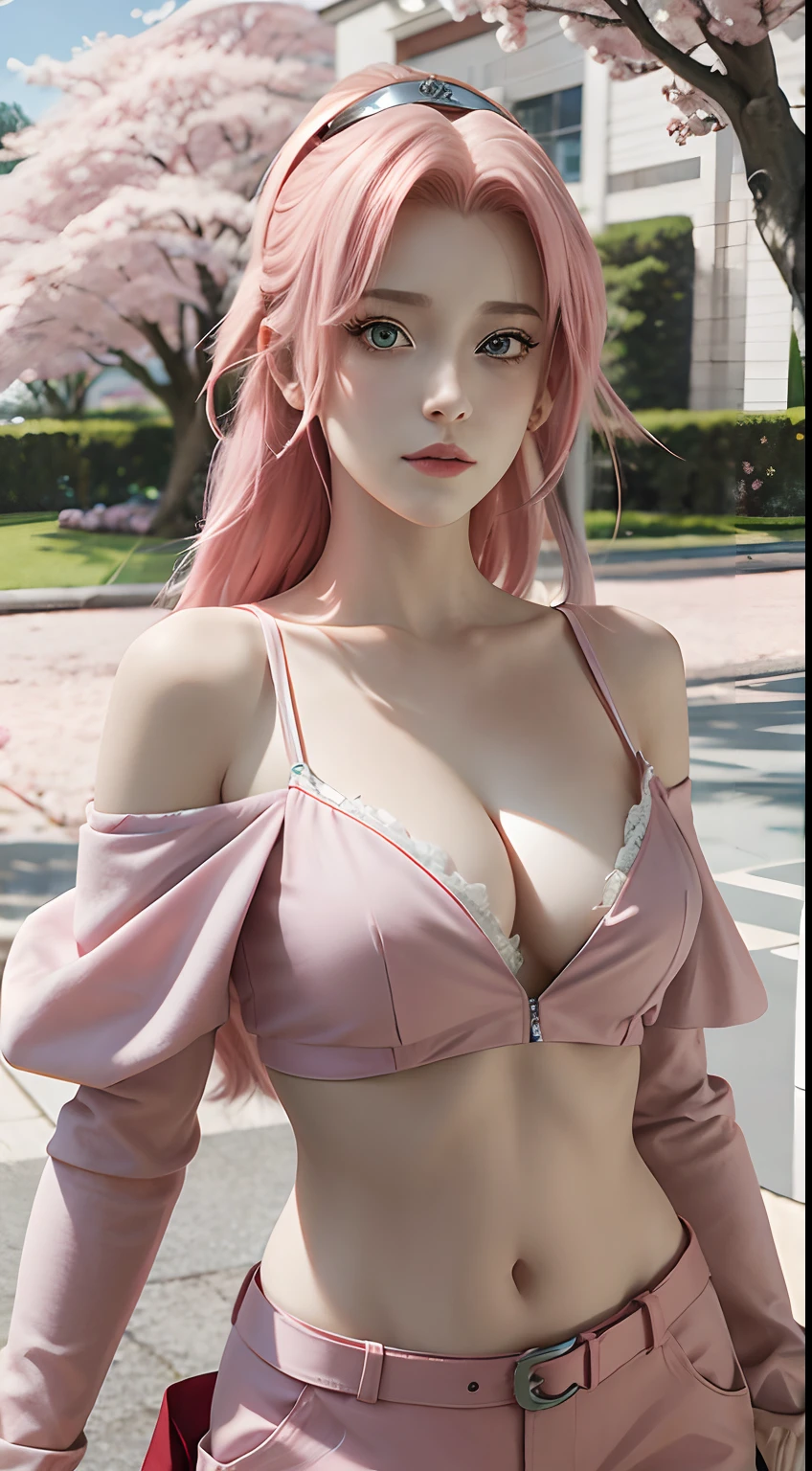 tmasterpiece, Best quality at best, 1girll, Sakura Haruno, Large breasts,Off-the-shoulder attire,(cleavage),(upperbody closeup),Raised sexy,is shy,ssmile,with pink hair, long whitr hair, (Green eyeballs:1.4), Forehead protection, the cherry trees,Cherry blossoms flying,Red clothes,Zipper half ,realisticphoto ,animerealitic, realistic