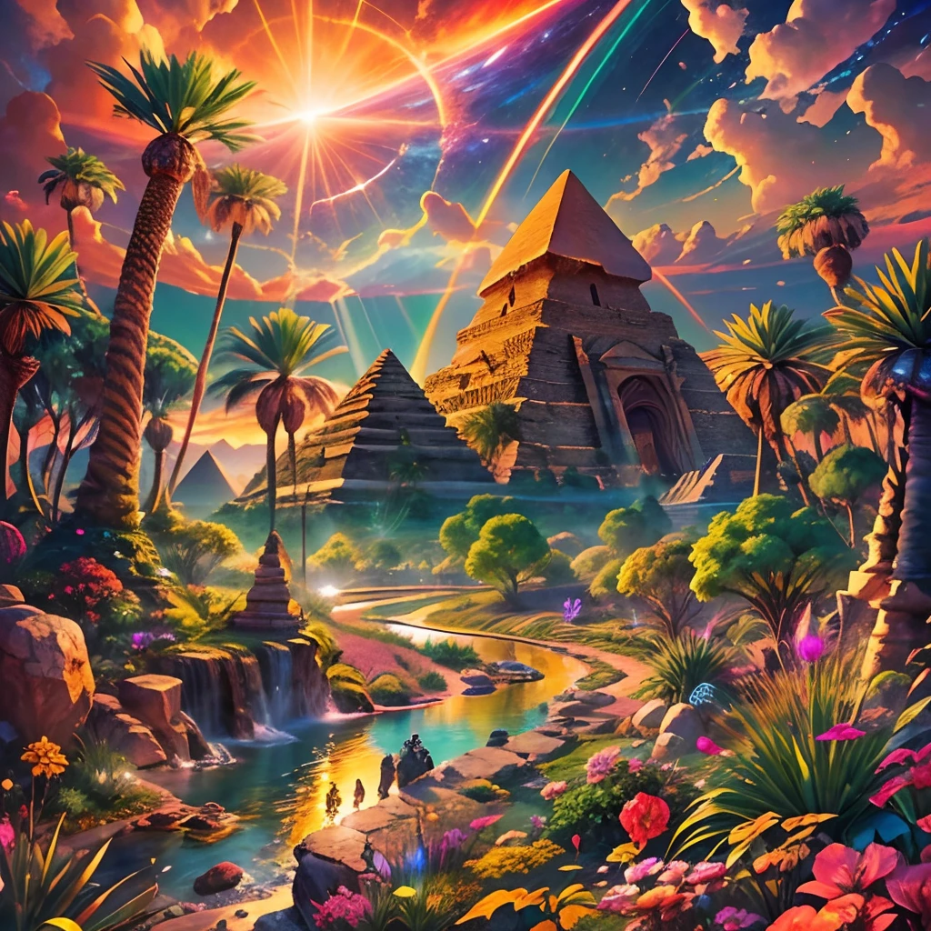 Create a vibrant, otherworldly painting that immerses the viewer in an Egyptian-inspired realm. Imagine um denso, Fantastic forest filled with an astonishing variety of vivid vegetation, As the murmuring rivers meander through this lush paradise. In the distance, Montanhas majestosas erguem-se contra o horizonte. In the midst of this surreal scenario, Egyptian technicolor pyramids appear, adornado com fractais hipnotizantes e espirais que parecem pulsar com energia. O sol, sua luz composta por 16k saturadas e cores vibrantes, Hanging in the sky, casting an ethereal glow over the entire scene. Bring intense saturation to life, A complexidade hipnotizante dos fractais, And the feeling of stepping on a vivid, Dreamlike world where reality mixes with the extraordinary.