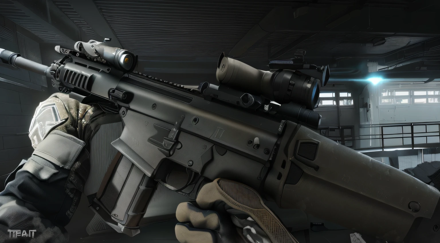 Arafed rifle with light on in building, Fuga de Tarkov, em Tarkov, FPS jogo de tiro, Captura de tela de um FPS, arma realista, Jogo de FPS, cryengine render, Arte conceitual do jogo FPS, fuzil de assalto, fuzil de assalto de canto, realista unreal engine 3 d jogo, armas realistas, cinematic —ar 16:9, fps view