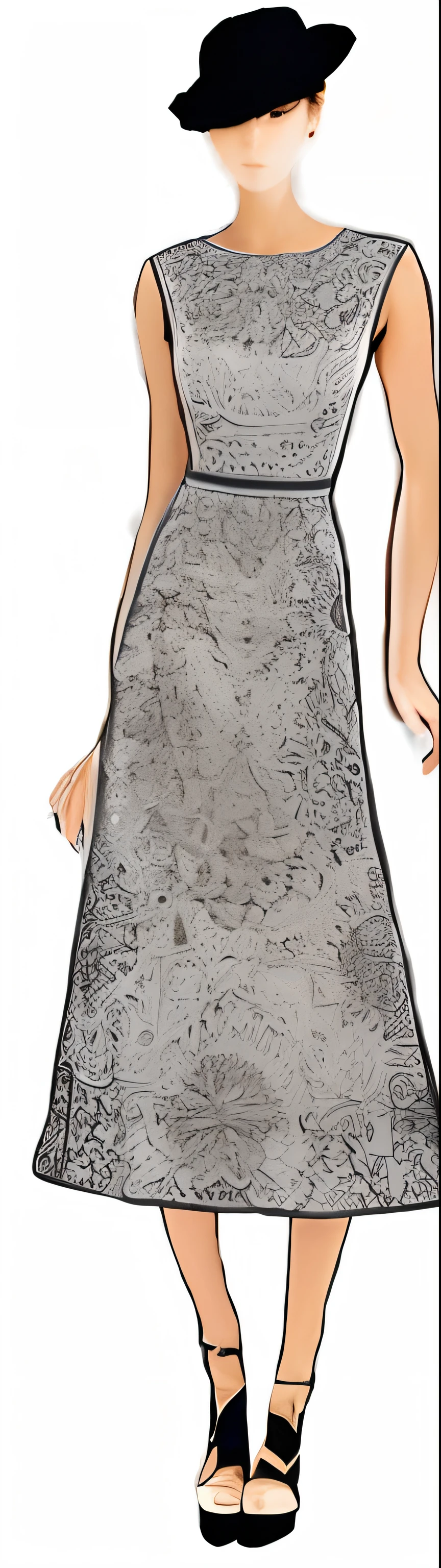 a drawing of a woman in a dress and hat, detailed fashion illustration, full - length view, full-length view, transparent gray skirts, graphic detail, high texture detail, female figure in maxi dress, illustration sharp detail, transparent gray dress, frock, brocade dress, detailed dress, full length view, high texture detail), full body close-up shot