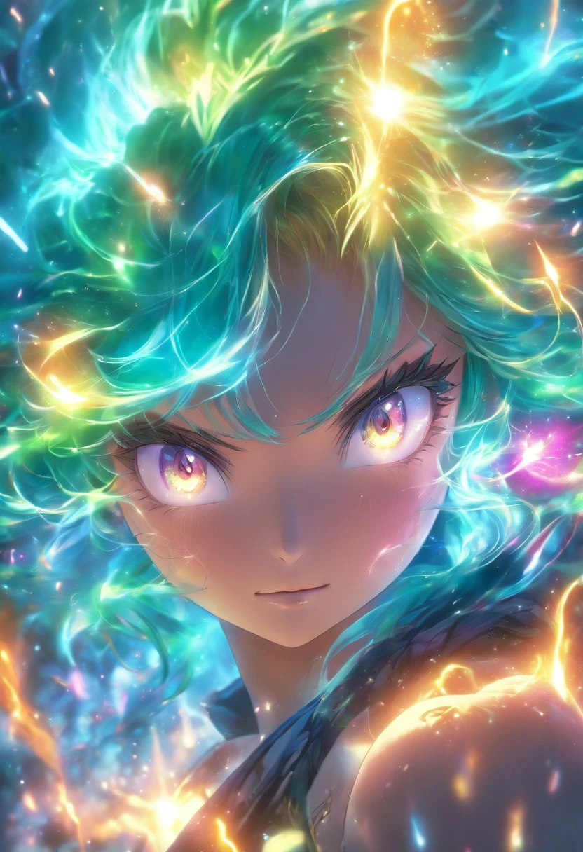 (best quality,4k,8k,highres,masterpiece:1.2),ultra-detailed,(realistic,photorealistic,photo-realistic:1.37),female with glowing teal eyes,rainbow colored hair,casting glowing spells,mystical forest,illustration,enchanted atmosphere,vibrant colors,soft lighting