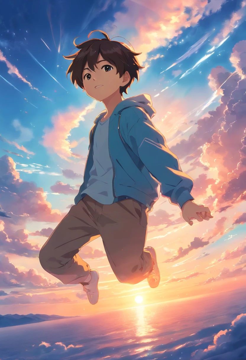 masterpiece, best quality, movie still, 1BOY, cloud BOY, floating in the sky, close-up, bright, happy, warm soft lighting, sunset, (sparks:0.7)