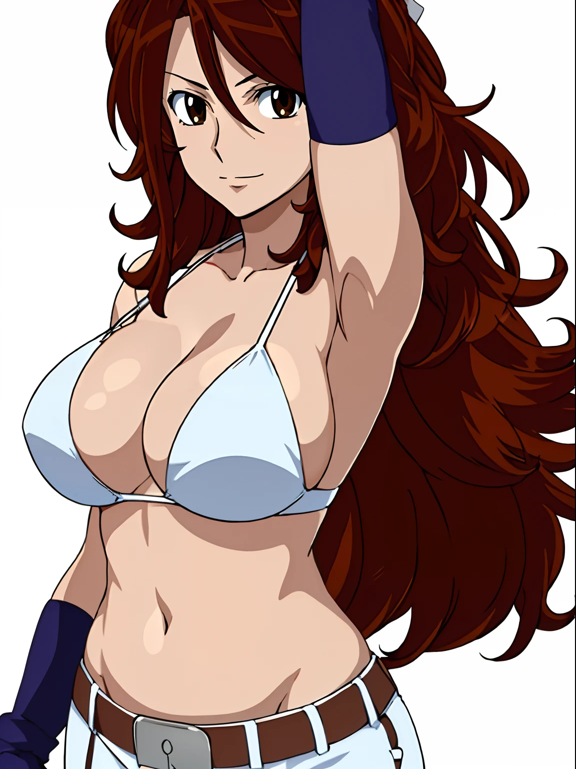 ((solo)), Best Quality, hires, curvy midsection, strong woman, female wrestler, smile, happy), upper body only, anime style: 1.8, anime drawing, ultra detailed face, ultra detailed body, 4k, Sumergai Lee Noriega, (standing), best quality, anime style, hires, highest definition, digital blending, bold drawing lines, (((White Background))), ( pro female wrestler, long attractive belly, slim body, (strong arm muscles), broad shoulders , off-shoulders, closed fists, (very curvy: 2.8)), (strapless bikini, shorts, white gloves, arm band, arm band, (champion belt))), (big breasts, closed mouth), (big eyes, brown eyes, shiny eyes), (reddish hair, loose hair, curly hair, wavy hair, long hair, missy hair), 27 years old