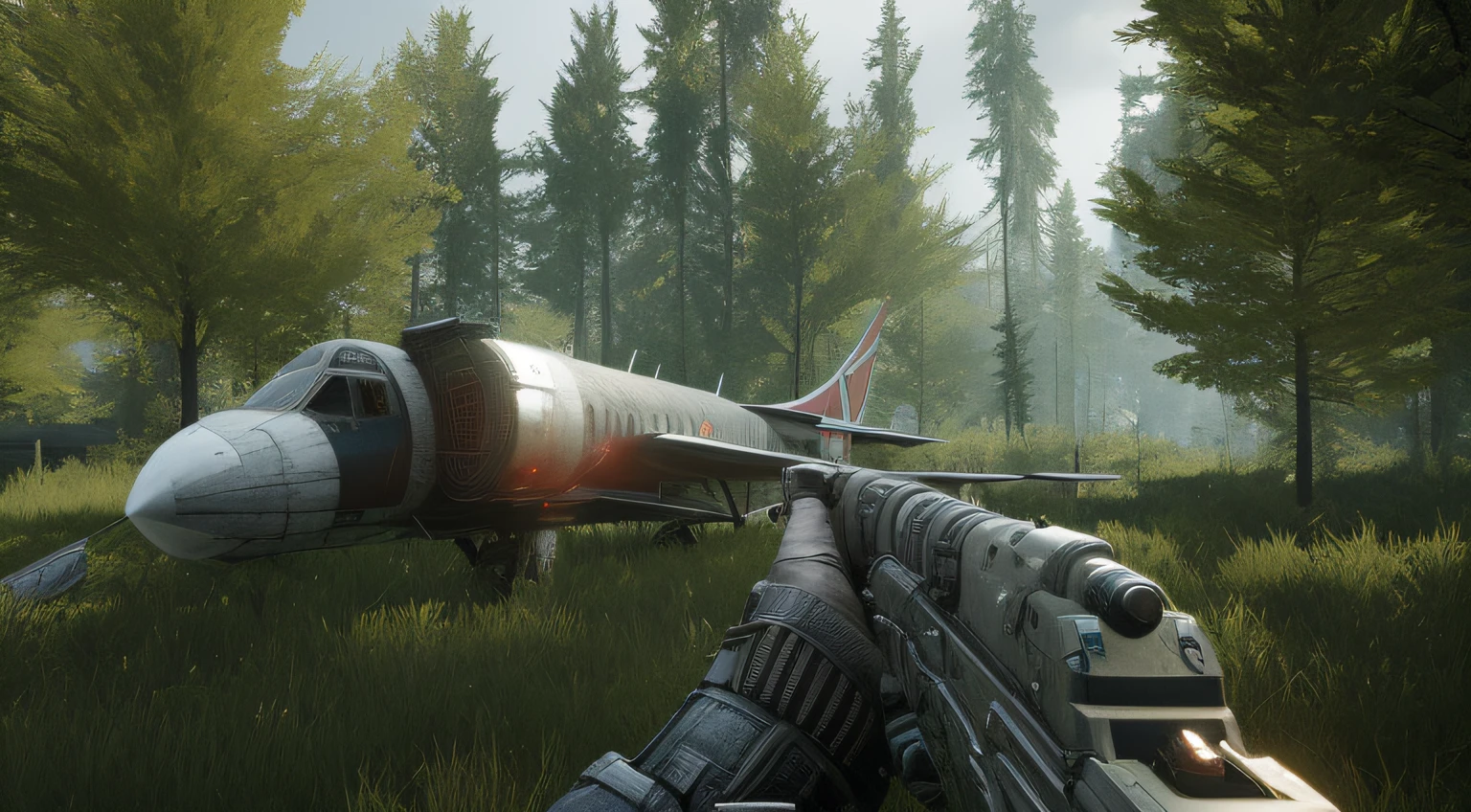 There's a plane that's sitting on the grass near a forest, Fuga de Tarkov, Cryengine, HD 4K jogo captura de tela, em Tarkov, Captura de tela do videogame>, FPS jogo de tiro, Captura de tela de um FPS, com Cryengine, CryEngine 8K UHD, CryEngine 8K UHD, Arte conceitual do jogo FPS, captura de tela em primeira pessoa