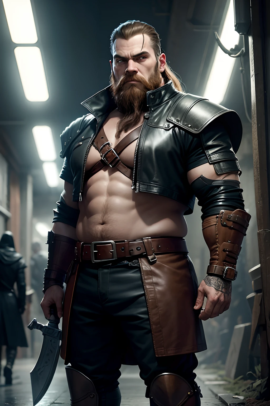 Gimli, a dwarf, In the Matrix, with matrix clothes, leather, futuristic, double futuristic axe. Cyberpunk background.