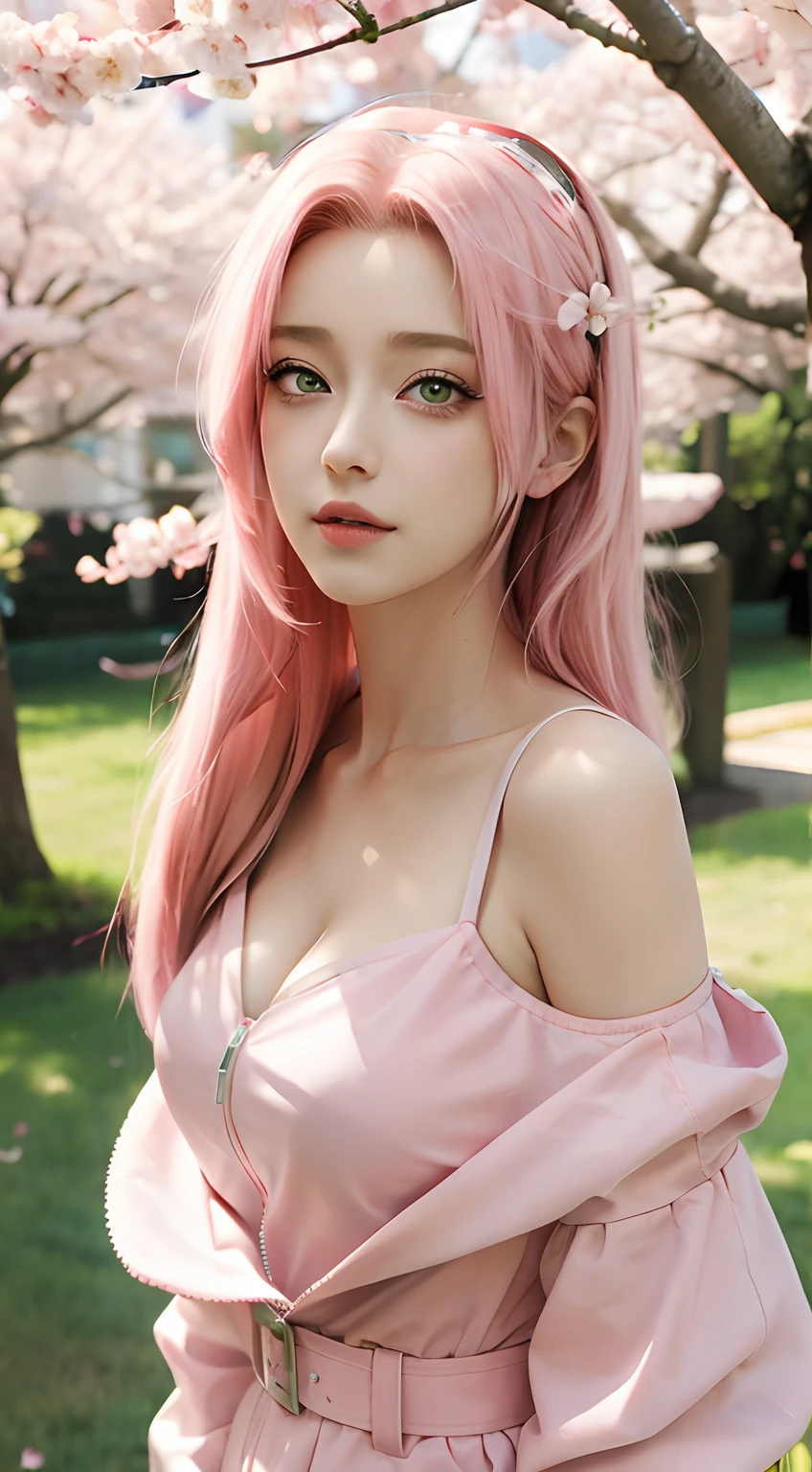 tmasterpiece, Best quality at best, 1girll, Sakura Haruno, Large breasts,Off-the-shoulder attire,(cleavage),(upperbody closeup),Raised sexy,is shy,ssmile,with pink hair, long whitr hair, (Green eyeballs:1.4), Forehead protection, the cherry trees,Cherry blossoms flying,Red clothes,Zipper half ,realisticphoto ,animerealitic, realistic