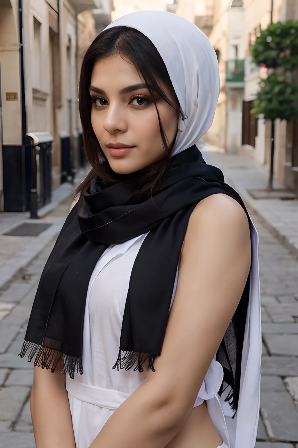 one gorgeous real persian women wearing scarf and looking at the camera, make the skin white