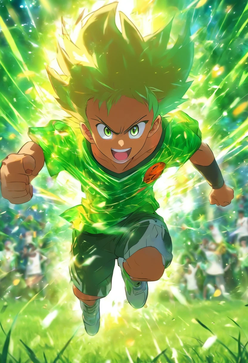 Create an image of a young boy playing football in a park. The boy is running with the ball at his feet, determination in his eyes, and a big, excited grin on his face. The park is filled with green grass, and there are trees in the background. Capture the energy and enthusiasm of this moment as the boy kicks the ball, with the goalposts in sight. Keep the image in black and white for a coloring book page."