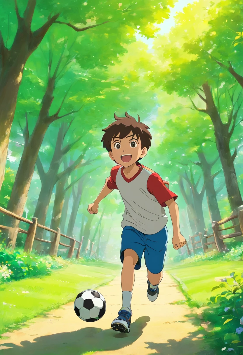 Create an image of a young boy playing football in a park. The boy is running with the ball at his feet, determination in his eyes, and a big, excited grin on his face. The park is filled with green grass, and there are trees in the background. Capture the energy and enthusiasm of this moment as the boy kicks the ball, with the goalposts in sight. Keep the image in black and white for a coloring book page."