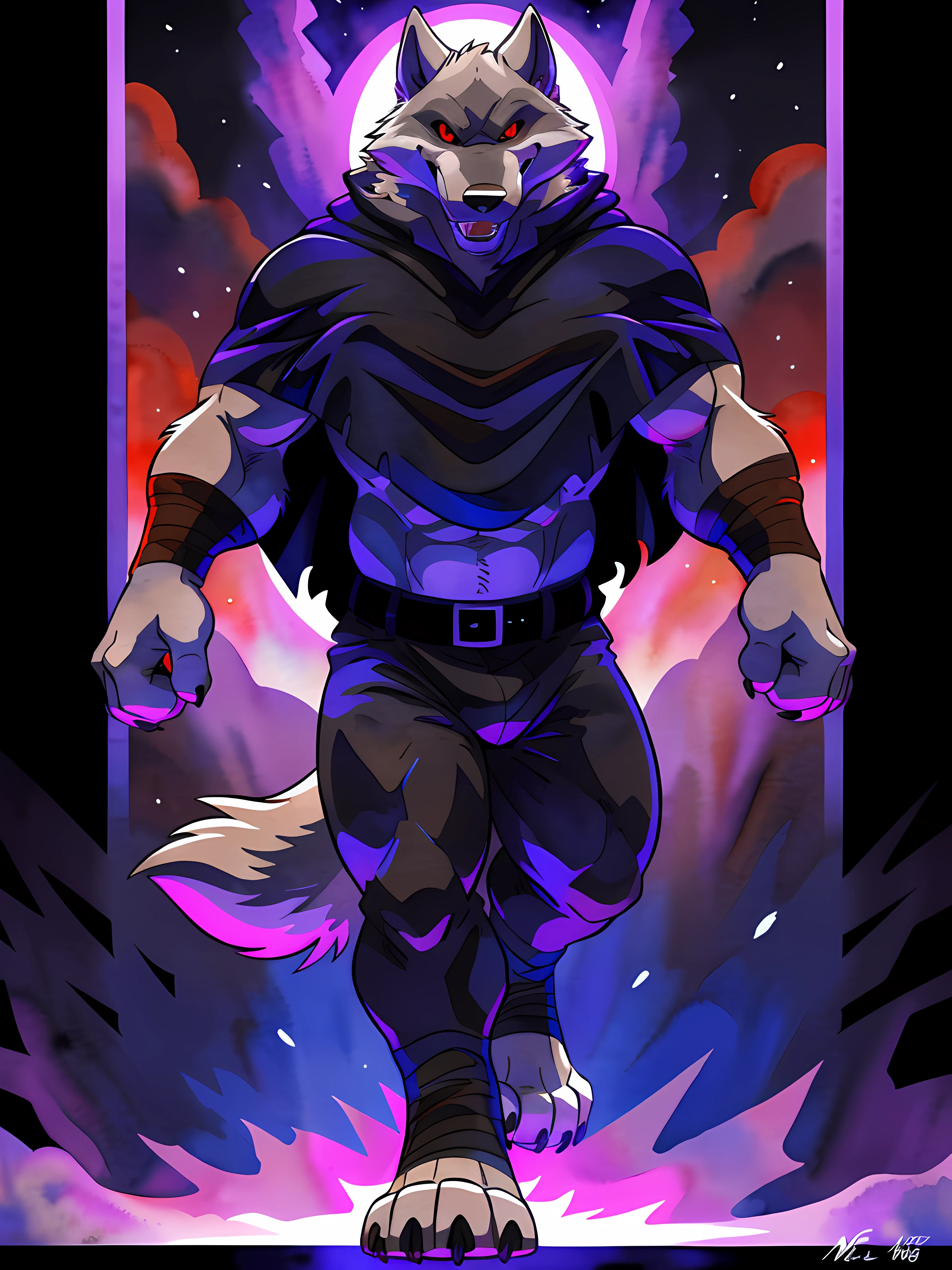 deathwolf, 4k, high resolution, best quality, posted on e621, solo, anthro body, male, adult, very masculine, (very muscular, defined muscles:1.2), cartoony proportions, (no background, black background, framed by purple fire, stylized background:1.1), (by wfa:1.0), (by negger:1.0), (detailed eyes, red eyes, evil eyes, looking at camera:1.1), (cel shaded:1.2), cartoony shading, confident, proud, strong, serious eyes, open mouth, smile, (full body, front view, walking towards camera, arms spread:1.2), (watercolors:1.0), (black pants, black cloak, black poncho:1.2), belt, (dramatic lighting, glow, darkness:1.3), wolf legs, wolf feet,