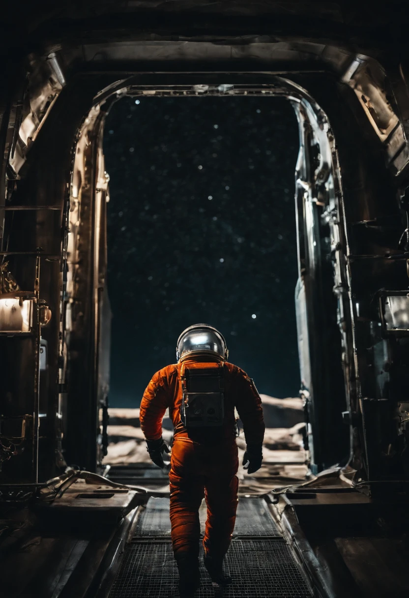 An astronauts back infront of a colossal ship in space