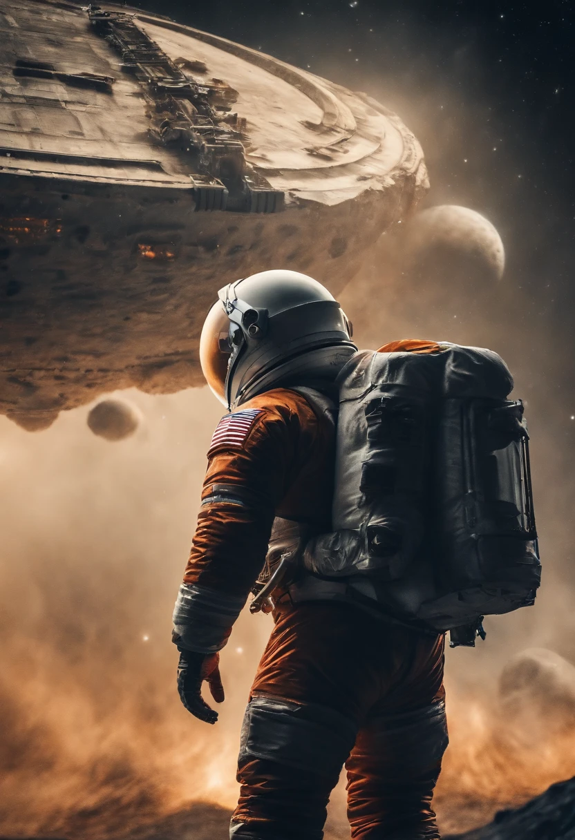 An astronauts back infront of a colossal ship in space