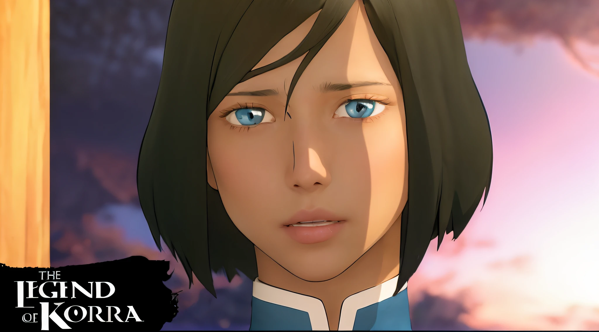 Avatarkorra, uniform, her legs spread open, lifting skirt, looking at viewer,