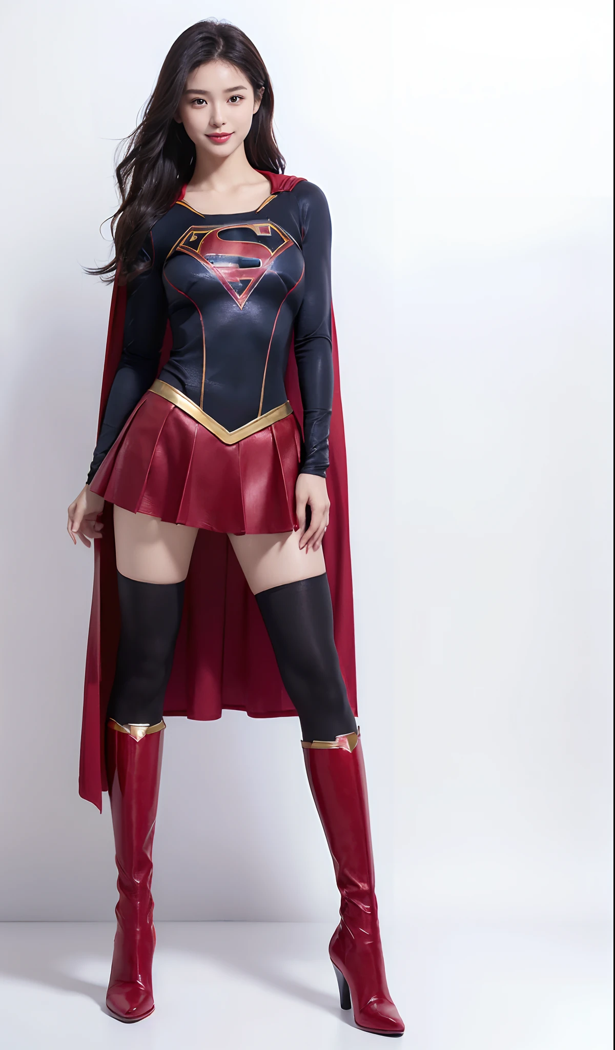 (((Wear black tights on your beautiful legs.)))、(((Grow legs、tall、beauty legs)))、(((facial expression of smile)))、((((Make the most of the original image)))、(((Supergirl Costume)))、(((beautiful hairl)))、(((Suffering)))、(((Feet must necessarily be worn with black tights)))、(((You need to wear red boots)))、((Top image quality、8K))、((top-quality、8K、masterpiece:1.3))、(((Keep your background simple)))、Crisp focus:1.2、Beautiful woman with perfect body shape:1.4、Slender Abs:1.2、Highly detailed facial and skin texture、8K、Asian Beautiful Girl