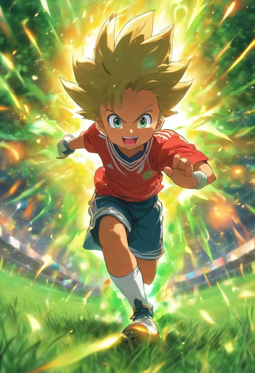 Create an image of a young boy playing football in a park. The boy is running with the ball at his feet, determination in his eyes, and a big, excited grin on his face. The park is filled with green grass, and there are trees in the background. Capture the energy and enthusiasm of this moment as the boy kicks the ball, with the goalposts in sight. Keep the image in black and white for a coloring book page."